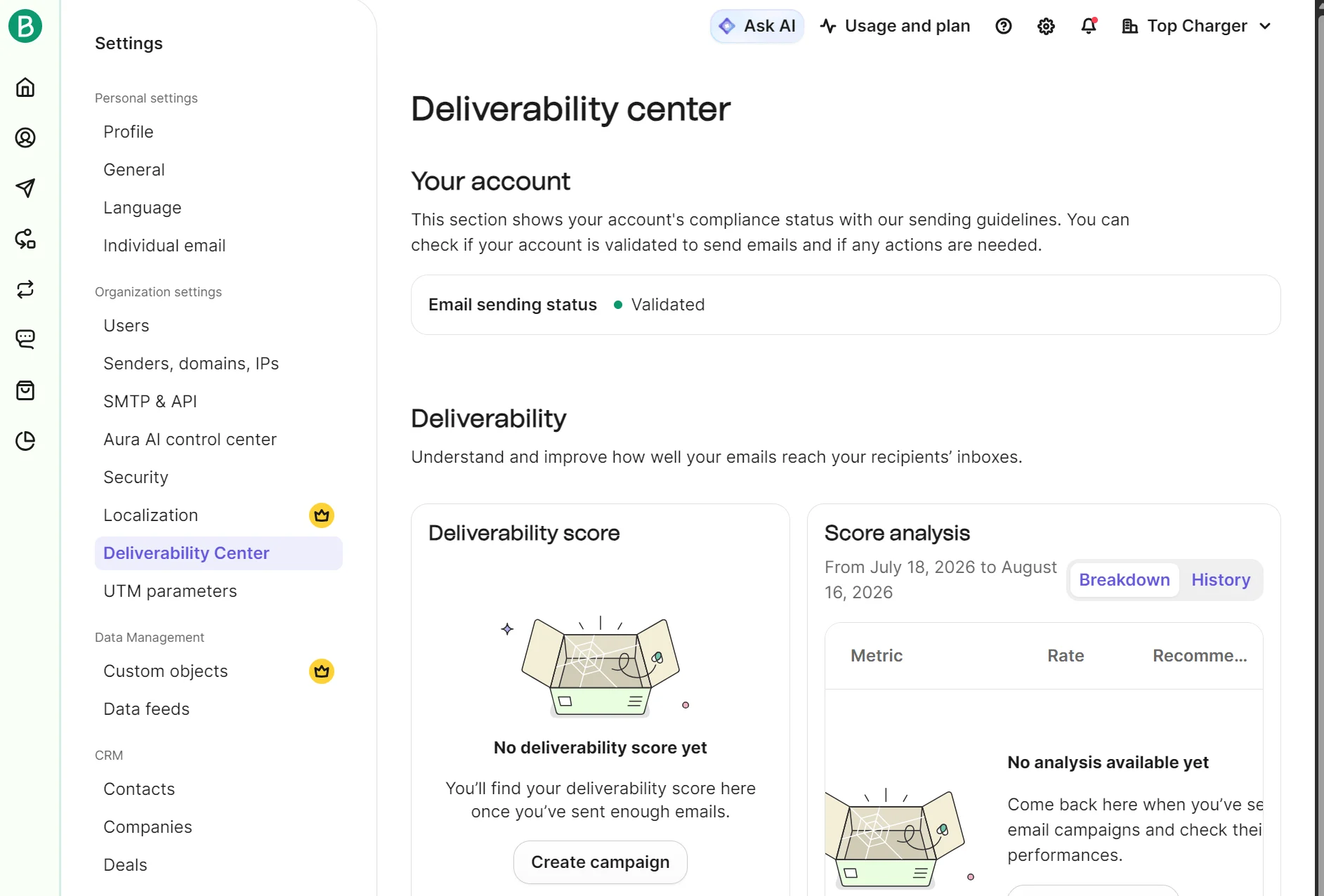 This section shows your accounts compliance with sending guidelines. Check your status and see if any action is needed.