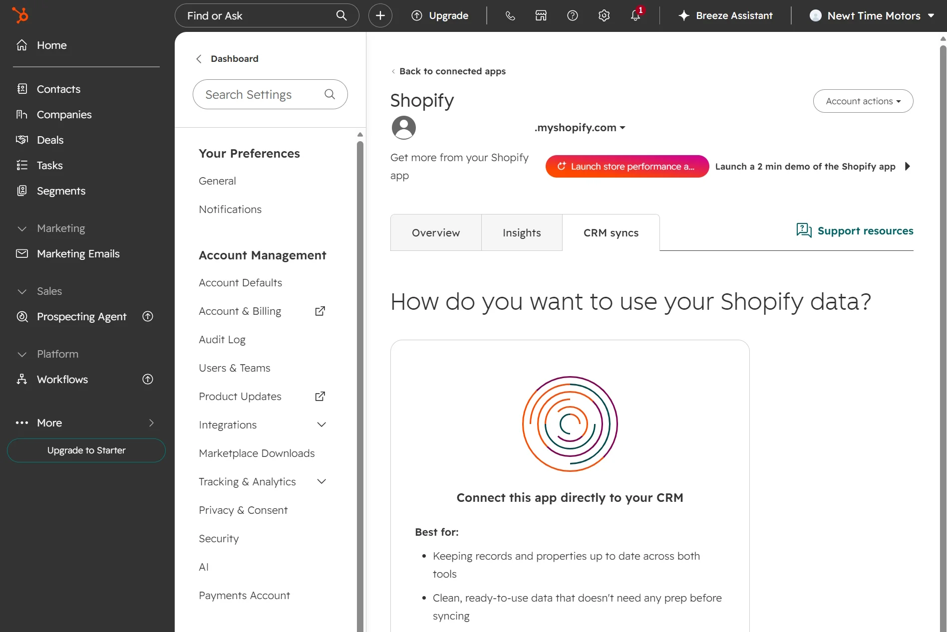 Shopify app integration page open in HubSpot dashboard, showing options to connect and sync CRM with Shopify.