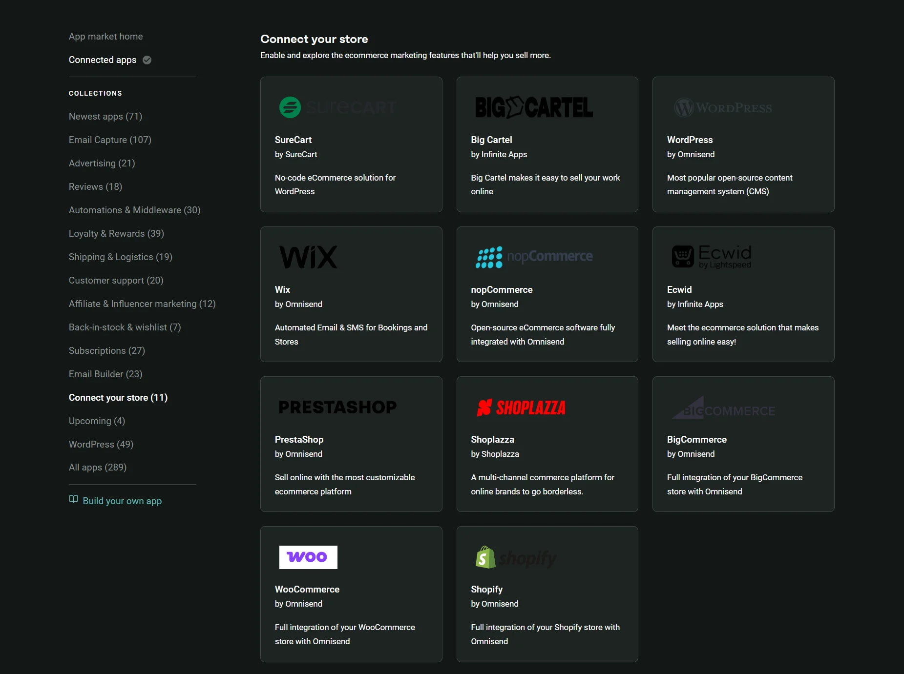 Grid of ecommerce platform options for connecting a store, including logos, brief descriptions, and integration details.
