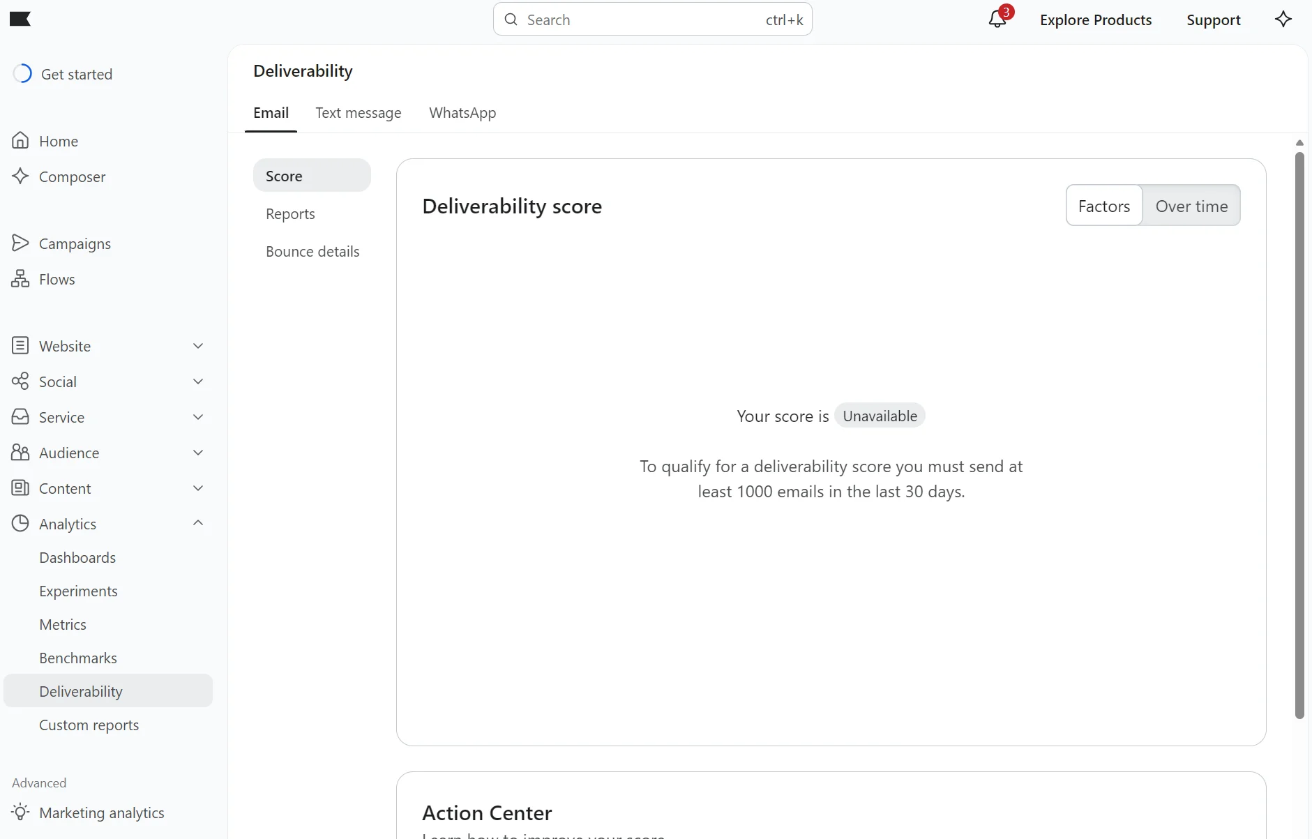 Deliverability score section shows Unavailable, requiring at least 1,000 emails sent in the last 30 days for a score.