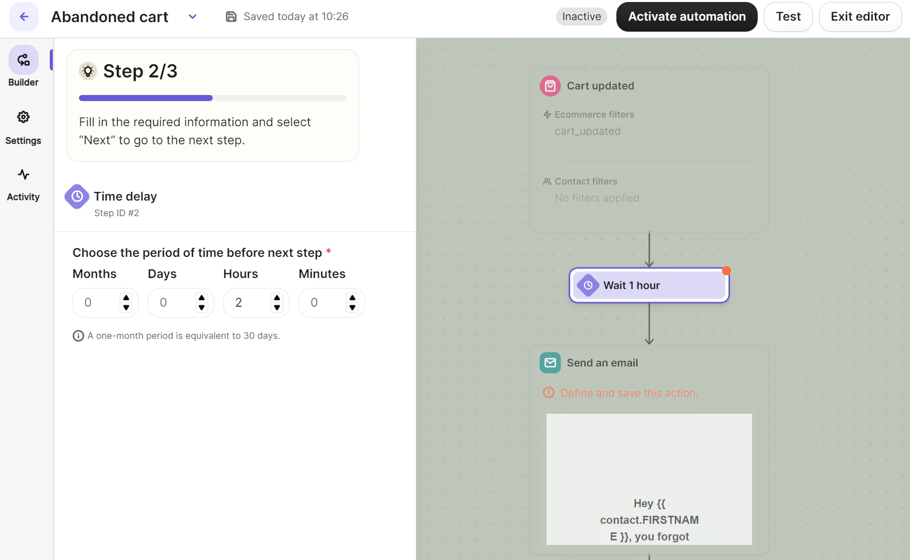 A workflow automation builder showing a step to wait 1 hour before sending an abandoned cart reminder email.