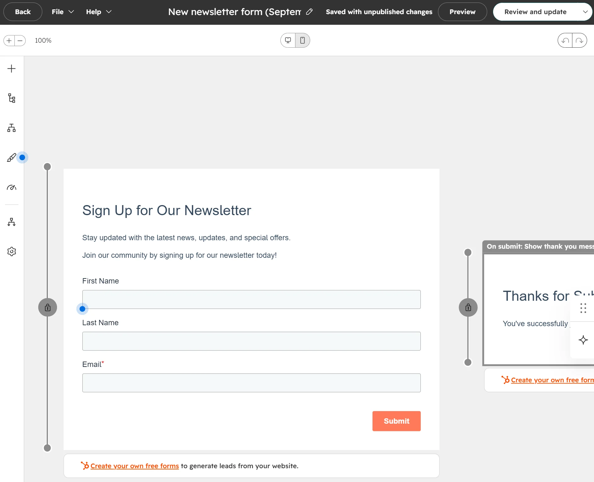A newsletter sign-up form with fields for first name, last name, email, and a submit button on a website editor screen.