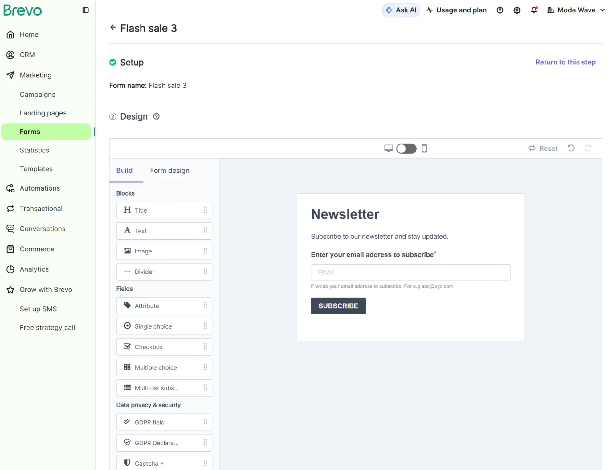 A newsletter signup form editor with options for adding form elements on the left sidebar.