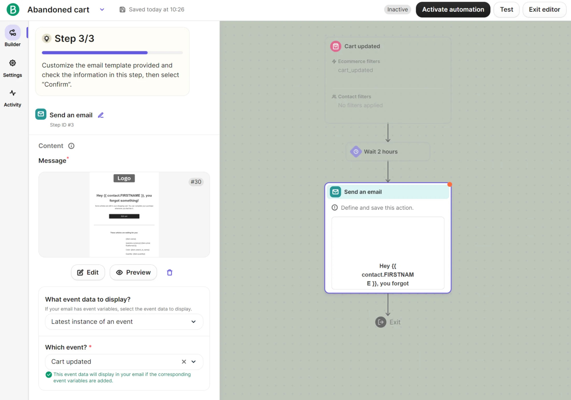 Automation software interface showing an email setup step for sending reminders about abandoned carts.