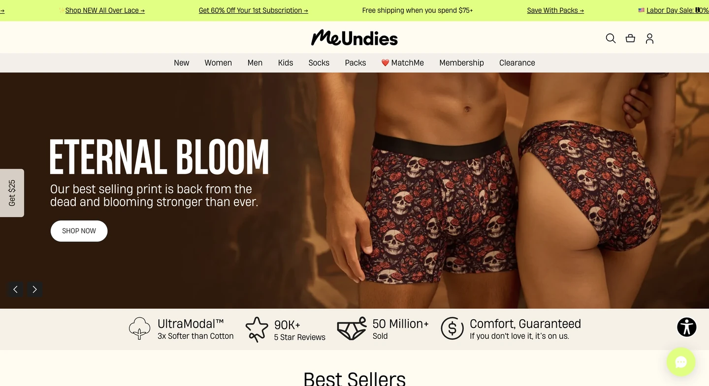 Two people wear matching skull-printed underwear sets in a MeUndies advertisement promoting the Eternal Bloom collection.