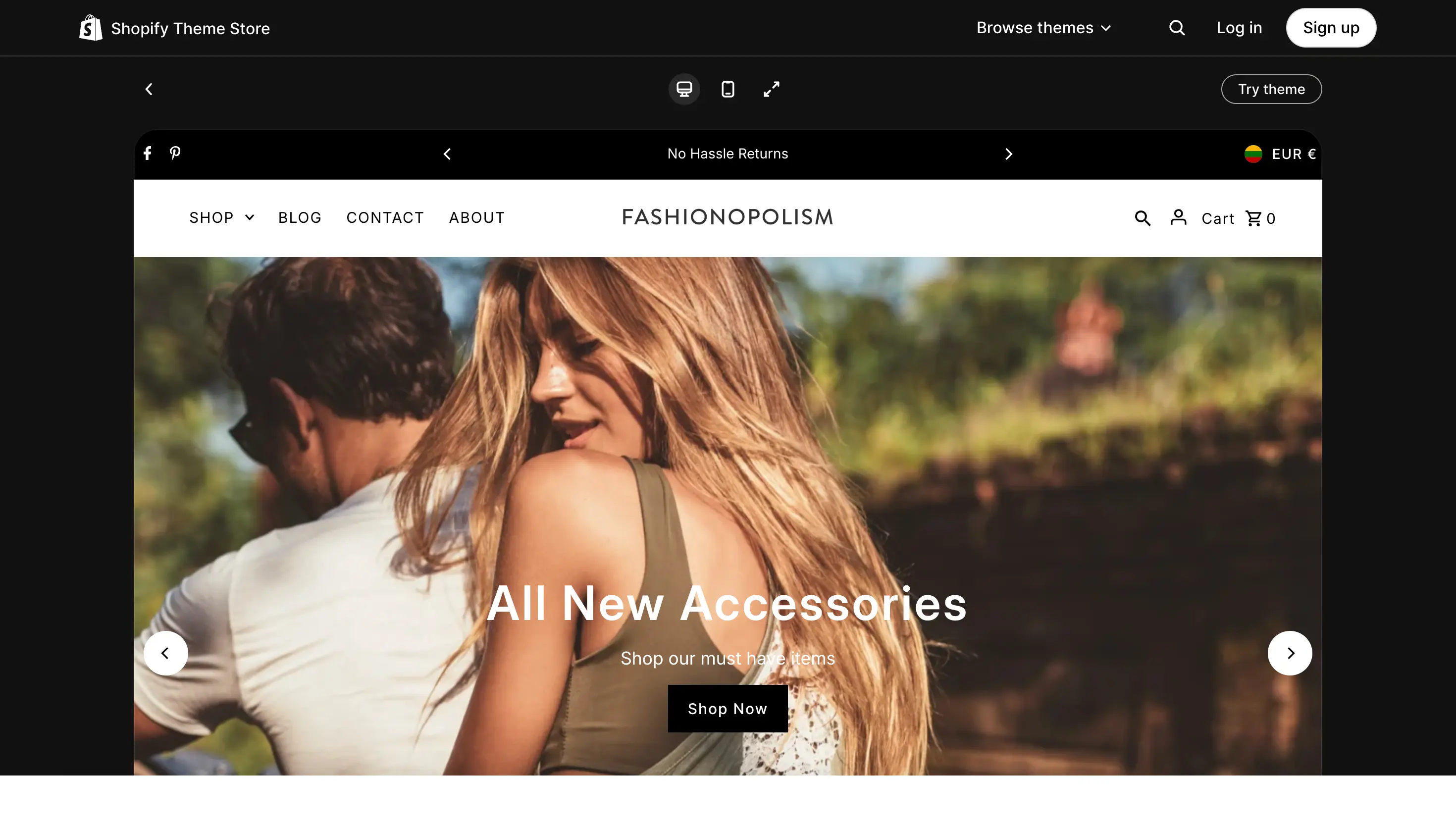 Best Shopify themes: Fashionopolism. Two people outdoors, one facing away and one looking back, on a website advertising new fashion accessories.