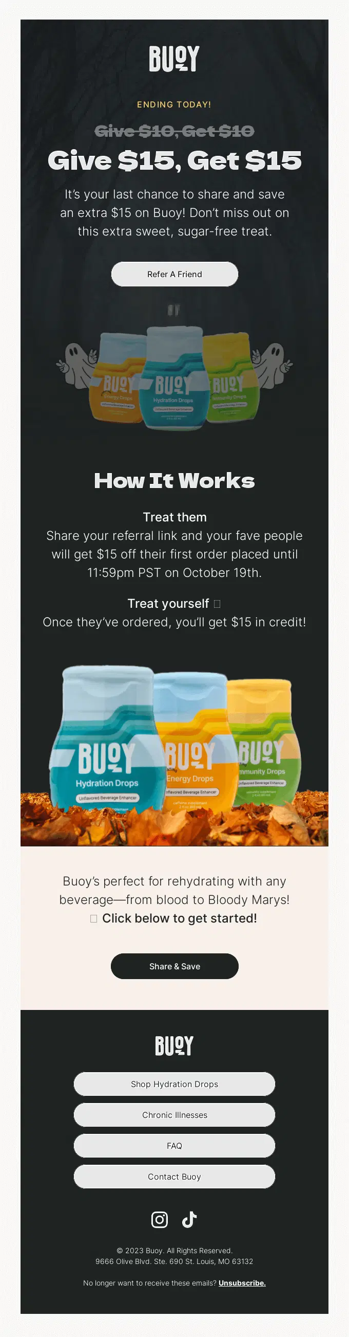 Four bottles of Buoy hydration drops in different colors, with a promotion for a referral program, Give $15, Get $15..