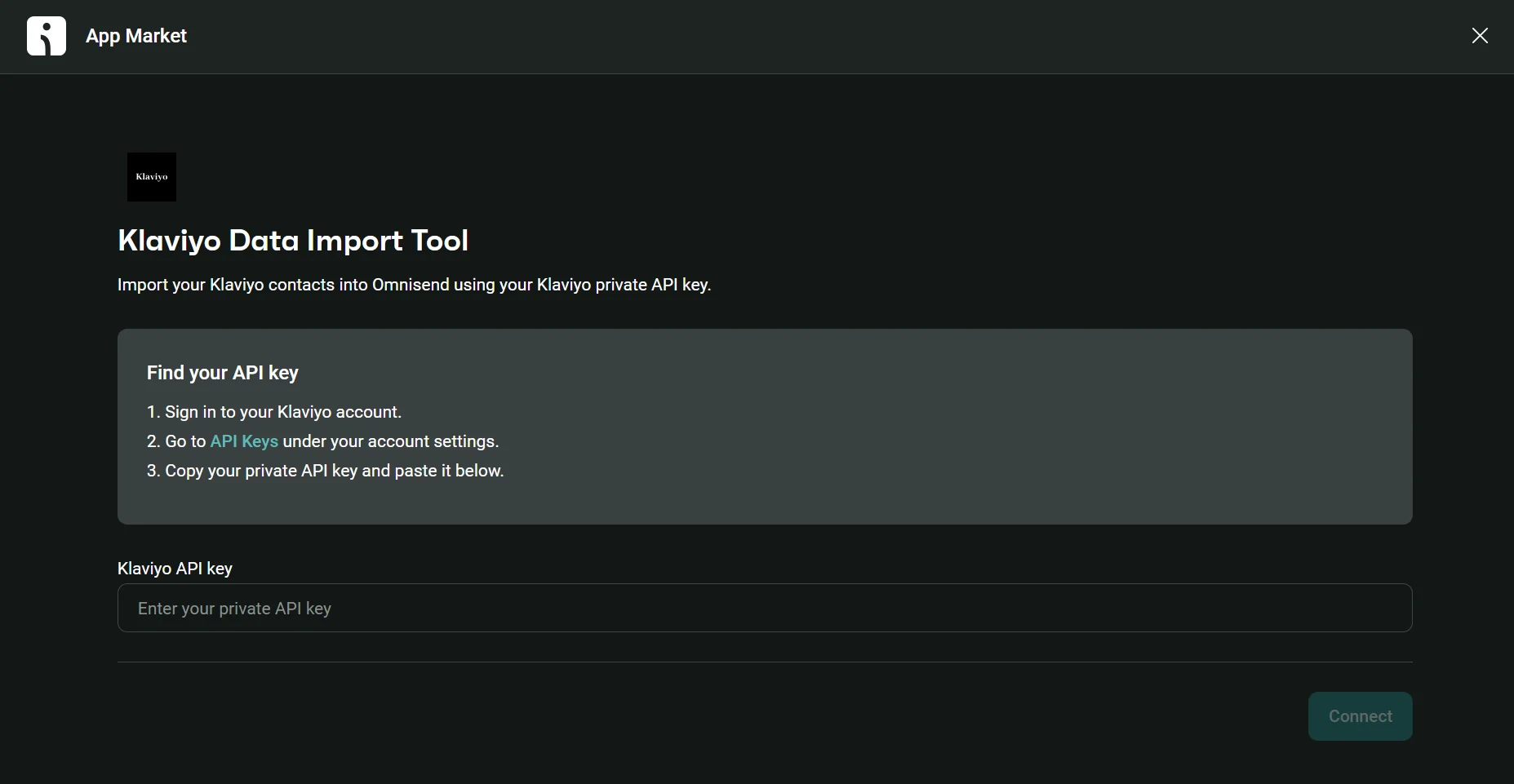 Klaviyo Data Import Tool interface prompting user to enter their private API key to connect their account.