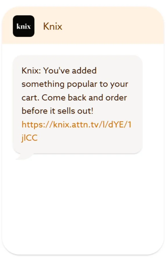 Text message from Knix urging user to complete purchase of a popular cart item, with a link included.