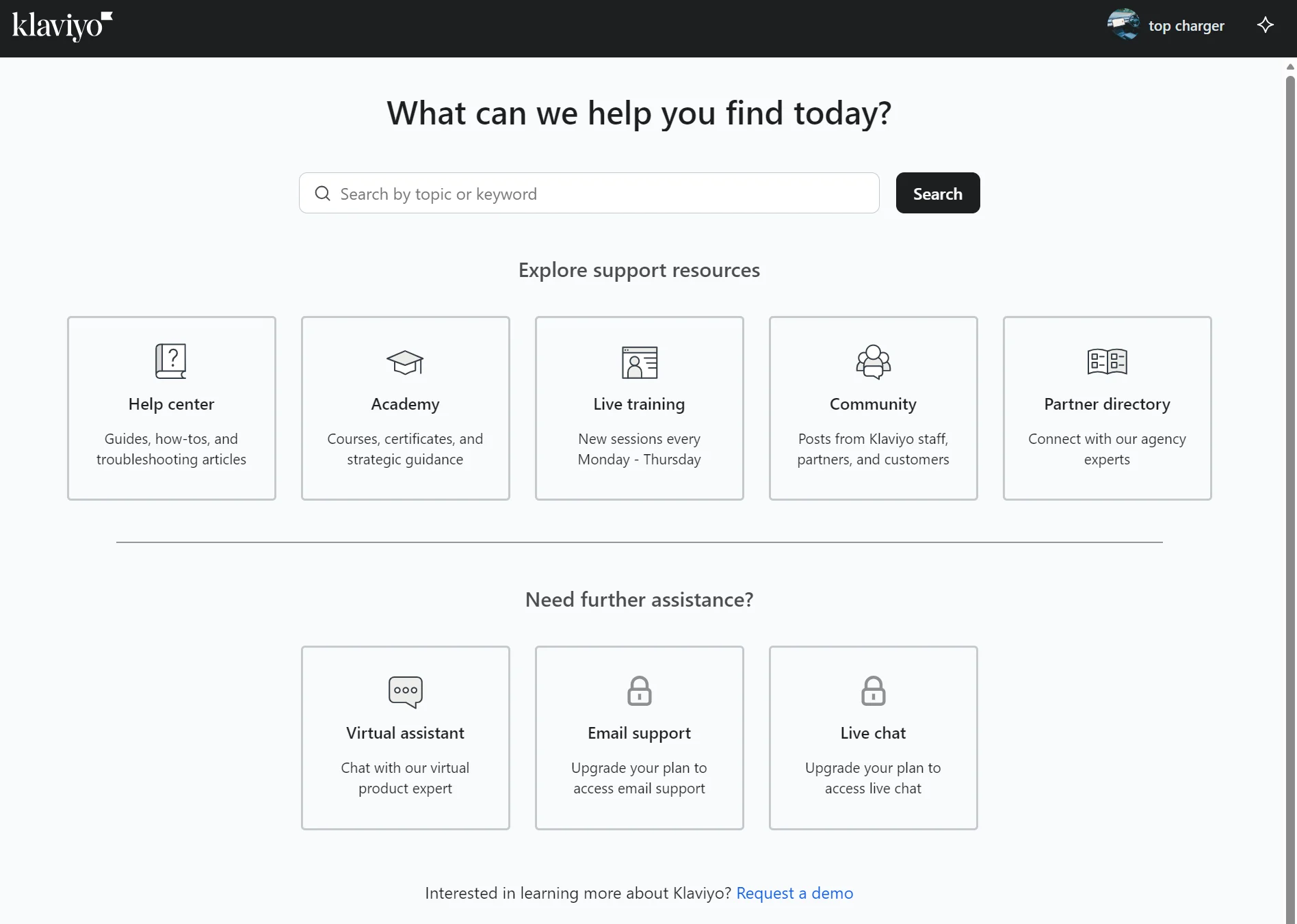 Klaviyo support page with search bar and support resource icons for help center, academy, live training, and more.