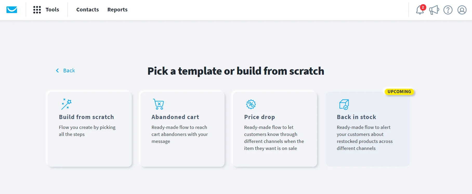 Four template options for flow creation are shown; Back in stock is marked as upcoming with a yellow label.