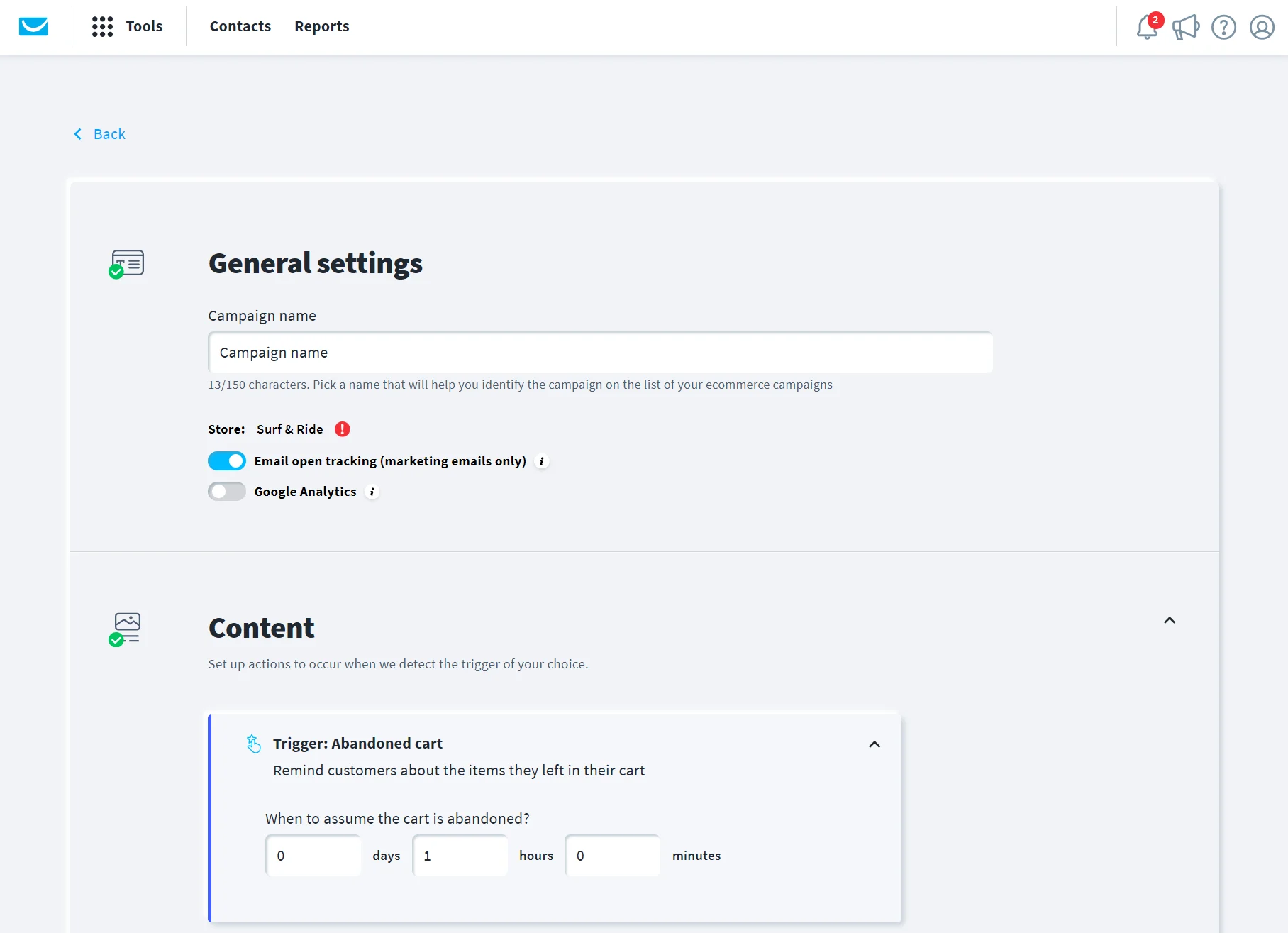 An email platforms campaign settings, showing fields for campaign name and abandoned cart trigger setup.