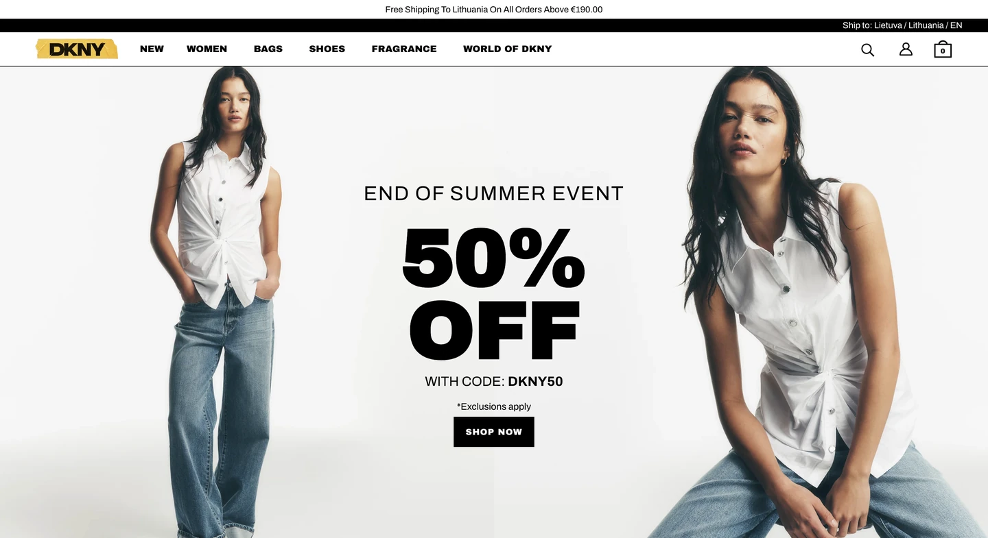 Woman in white sleeveless top and jeans next to End of Summer Event 50% Off DKNY sale announcement on white background.