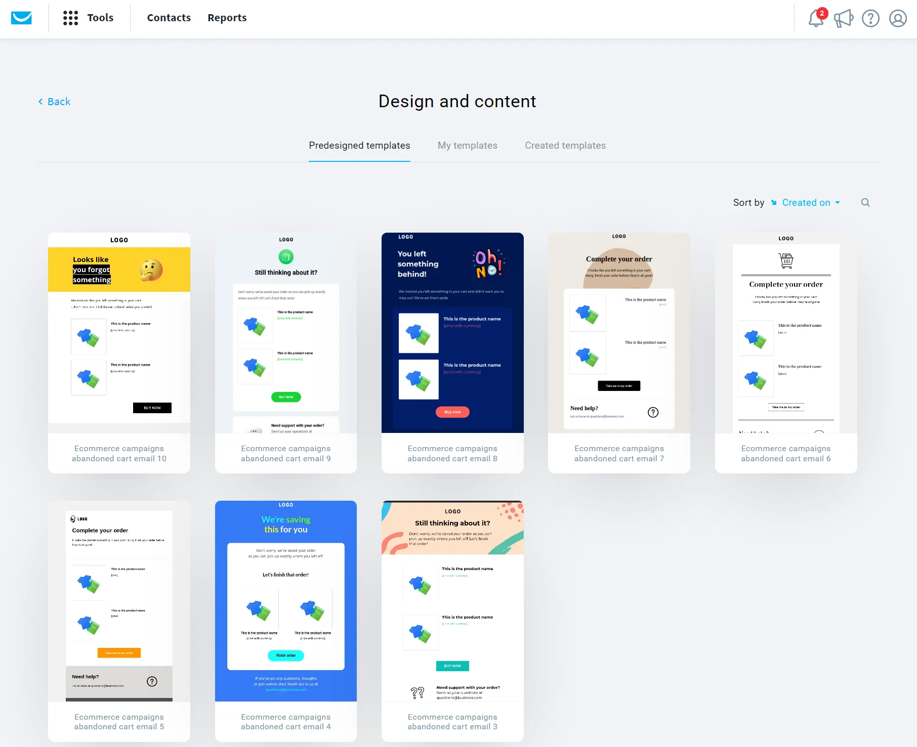 Dashboard showing a grid of email design templates for ecommerce campaigns in a template selection interface.
