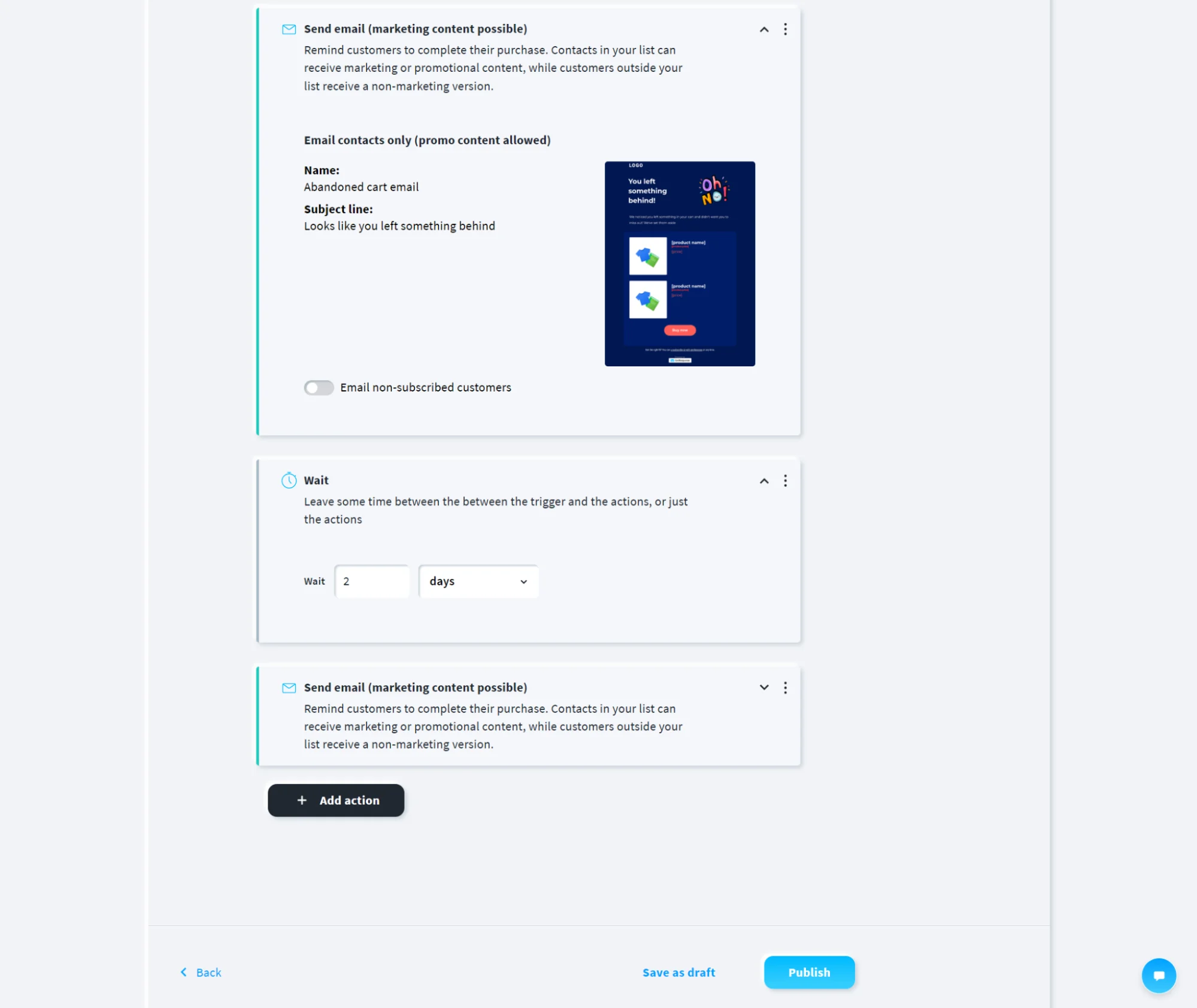 Email automation workflow editor showing actions for sending emails, waiting period, and options to add more actions.