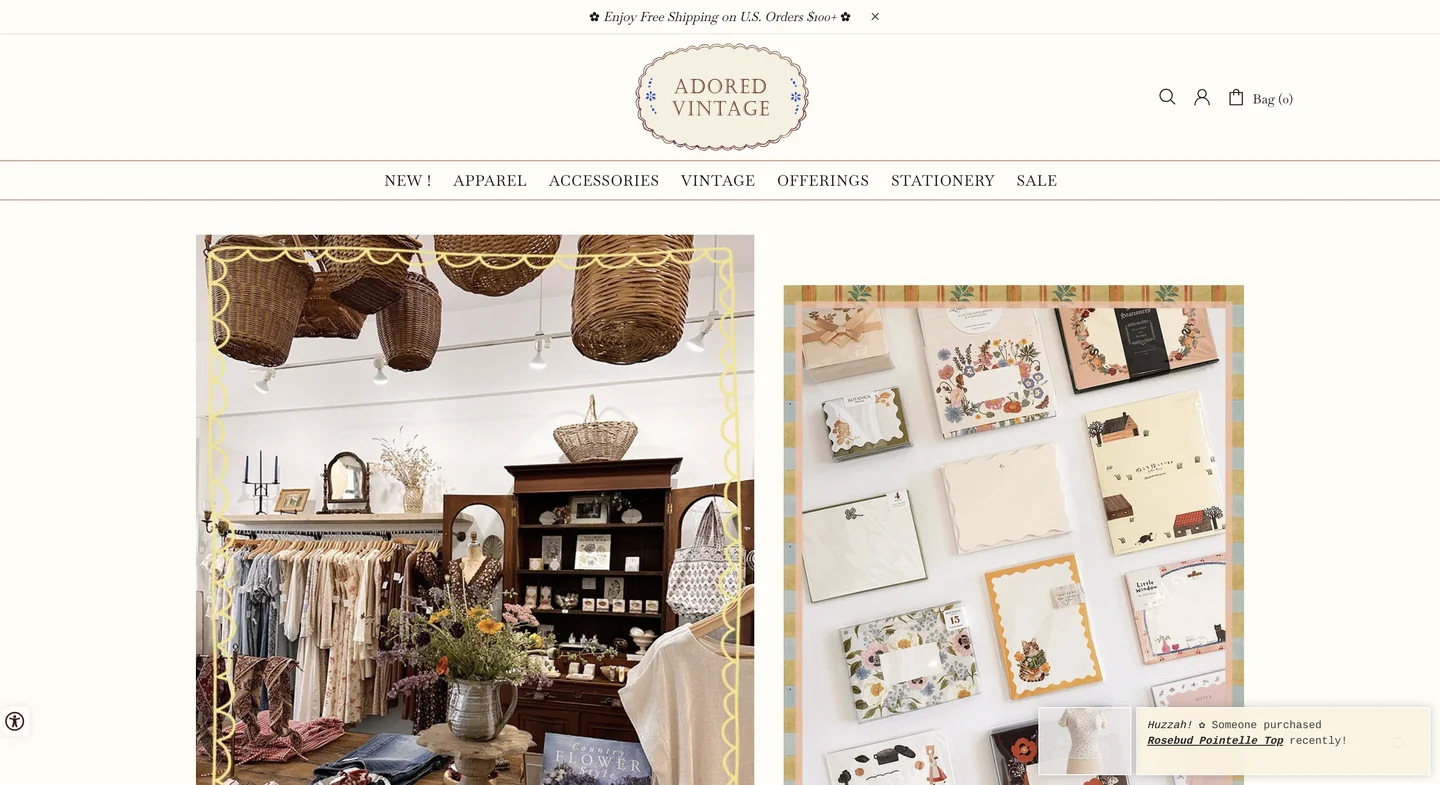 Vintage clothing and decor store interior on left; display of stationery and cards on right; website header visible above.