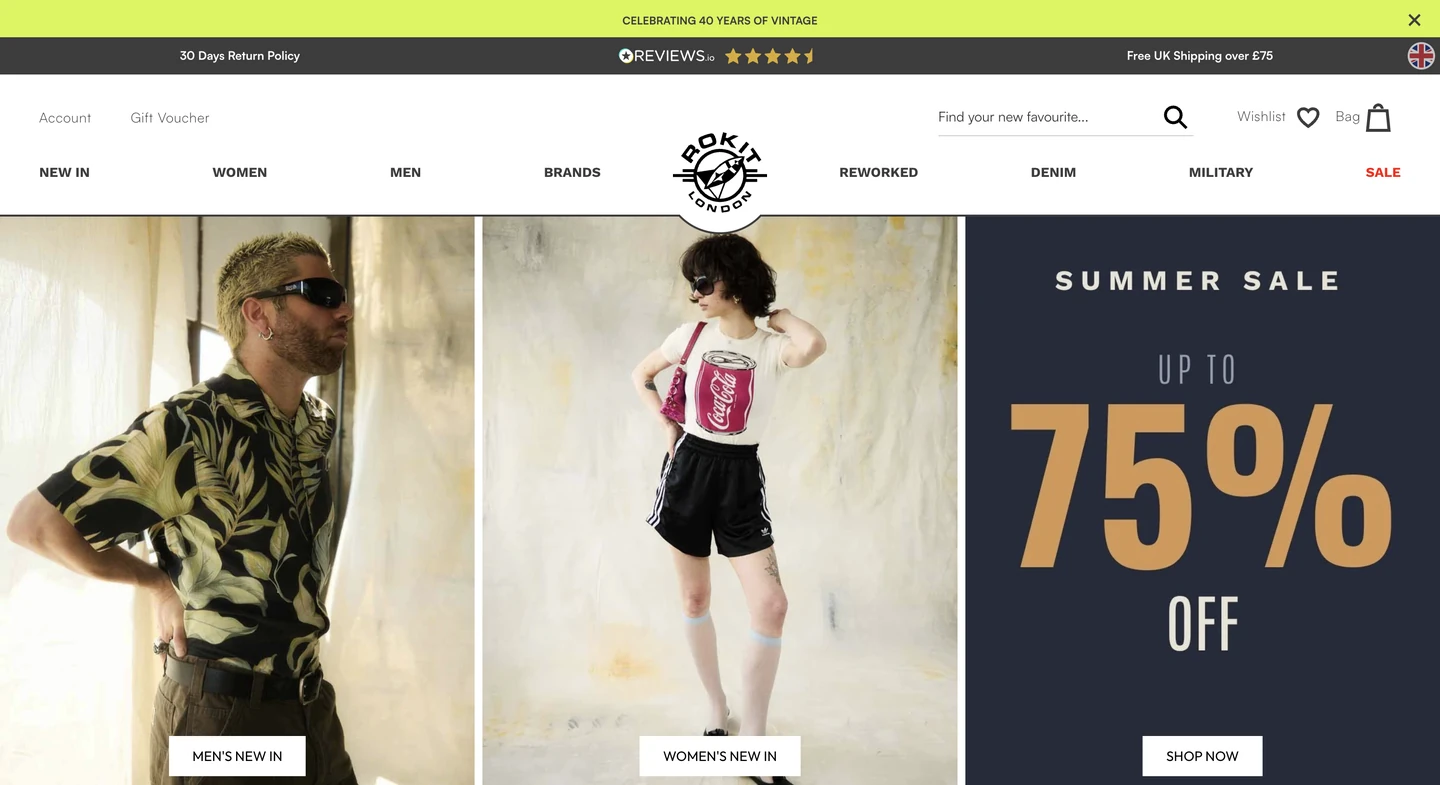 Two models showcase mens and womens new-in clothing; banner advertises a summer sale with up to 75% off.