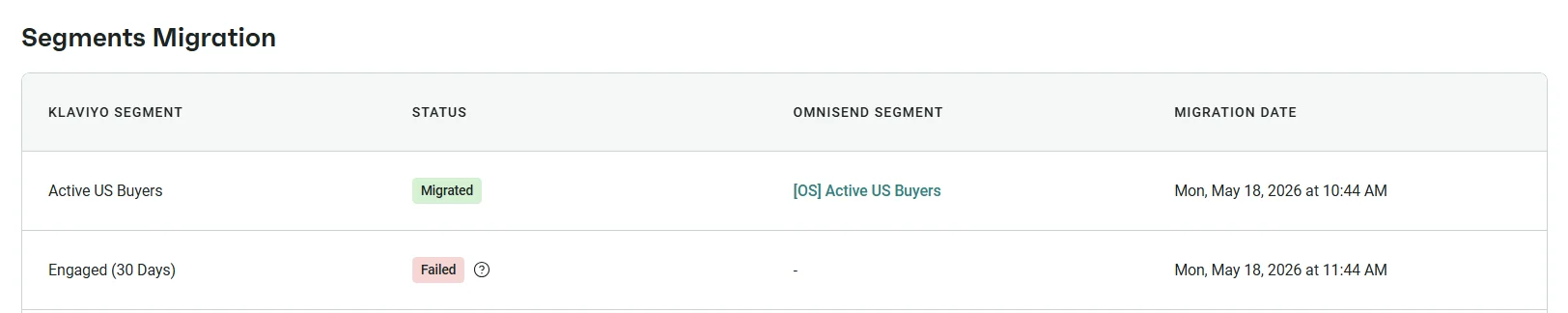 Table showing two segment migrations: one migrated successfully, one failed, with statuses and migration dates listed.