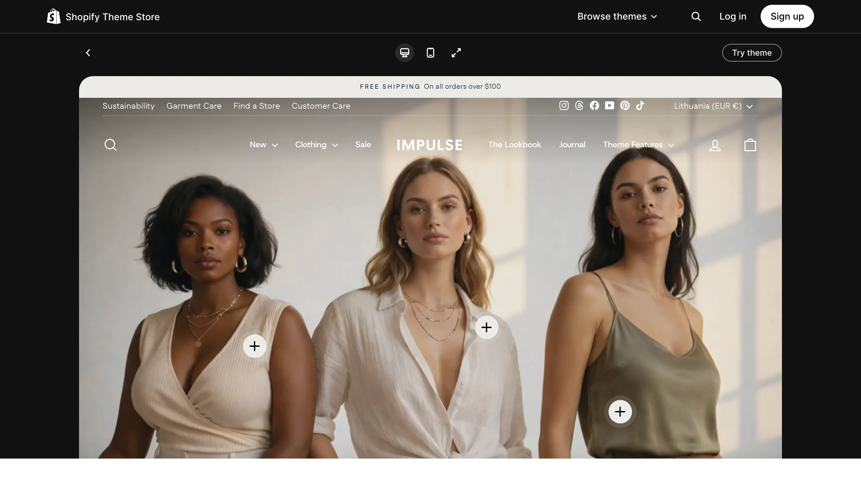 Best Shopify themes: Prestige. Three women stand side by side modeling neutral-toned outfits on a fashion website homepage.