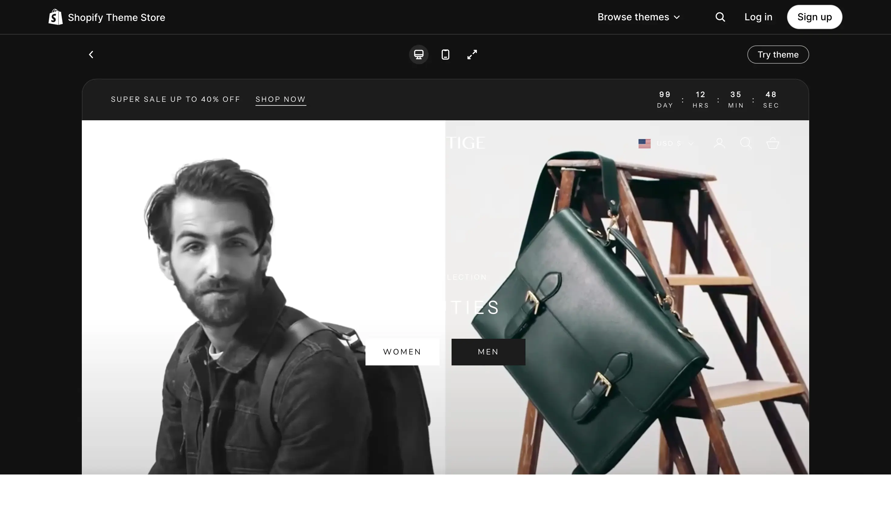 Best Shopify themes: Prestige. Split screen showing a man with a backpack on the left and a green leather bag on a ladder on the right.