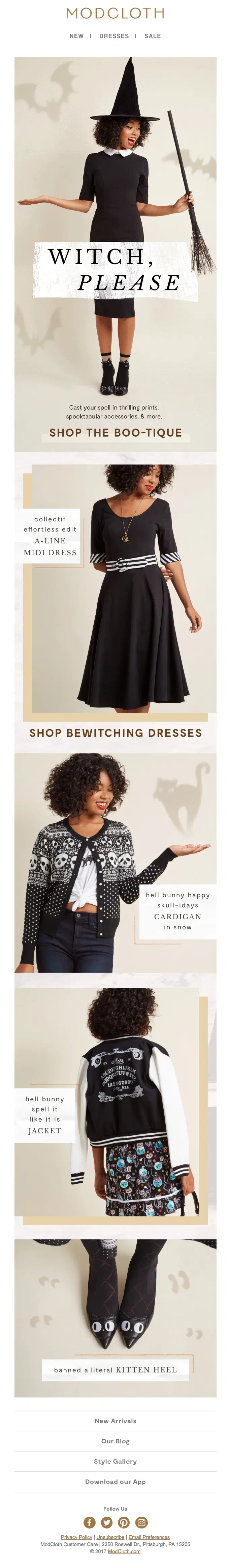 Email campaign featuring women in black outfits, promoting Modcloths Witch Please boutique and Halloween-themed clothing.