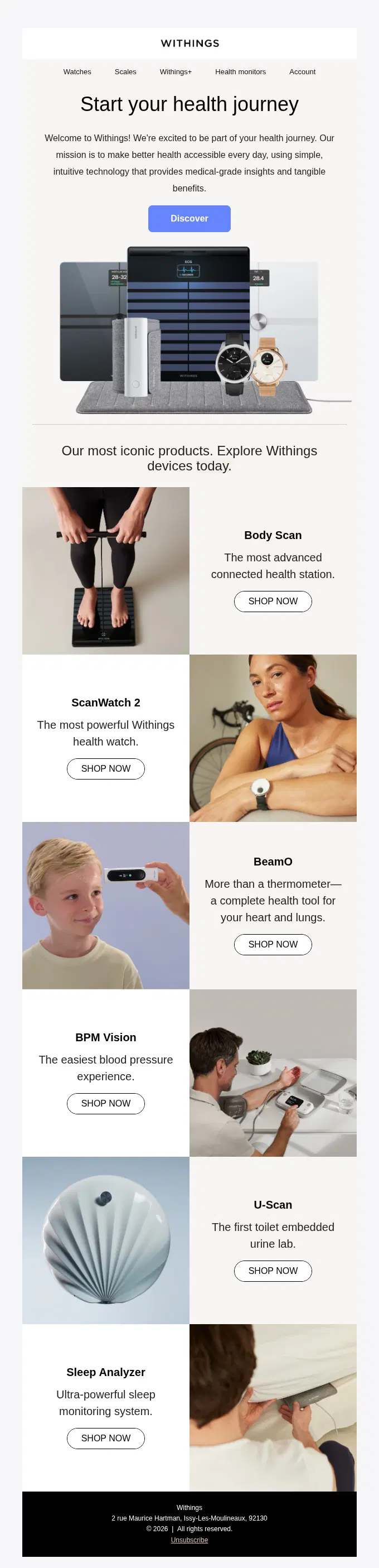 Withings email showing featured health devices: Body Scan, ScanWatch 2, BeamO, BPM Vision, U-Scan, and Sleep Analyzer.