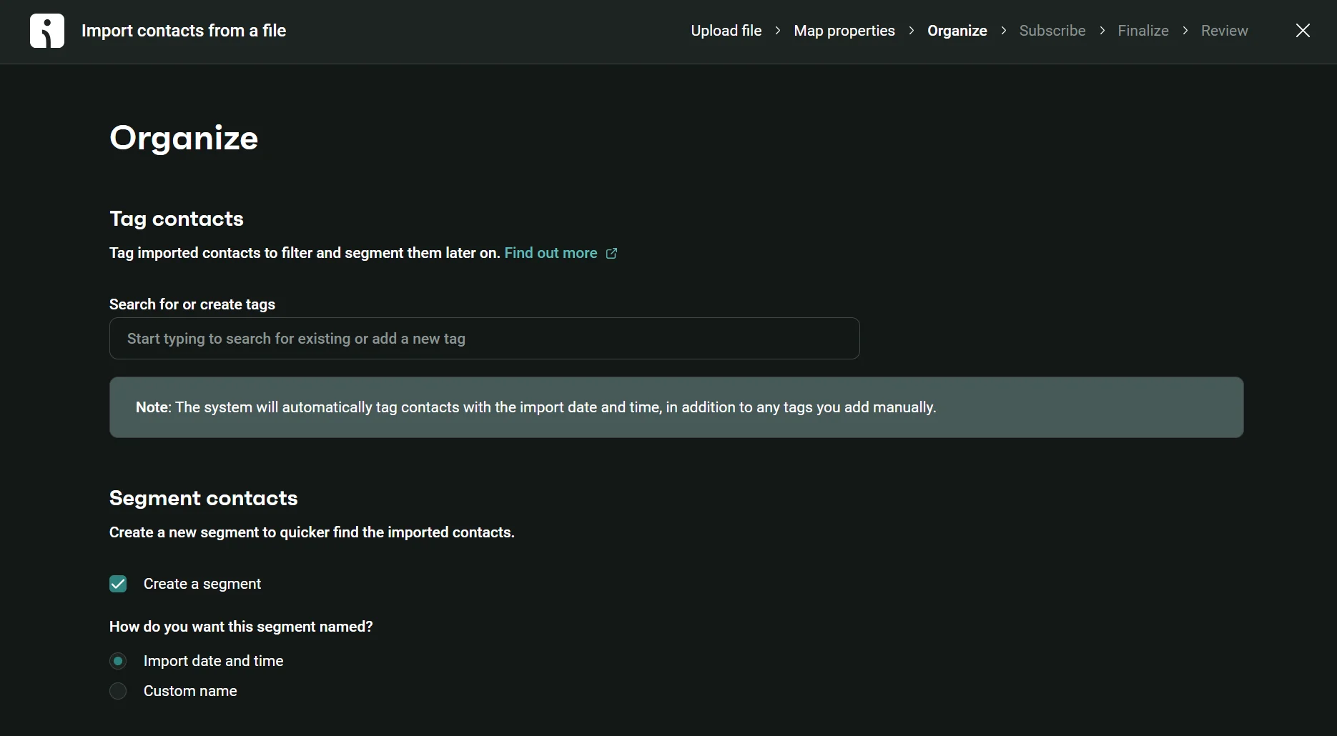 A contact import tool showing options to tag and segment imported contacts with a search bar and instructions.