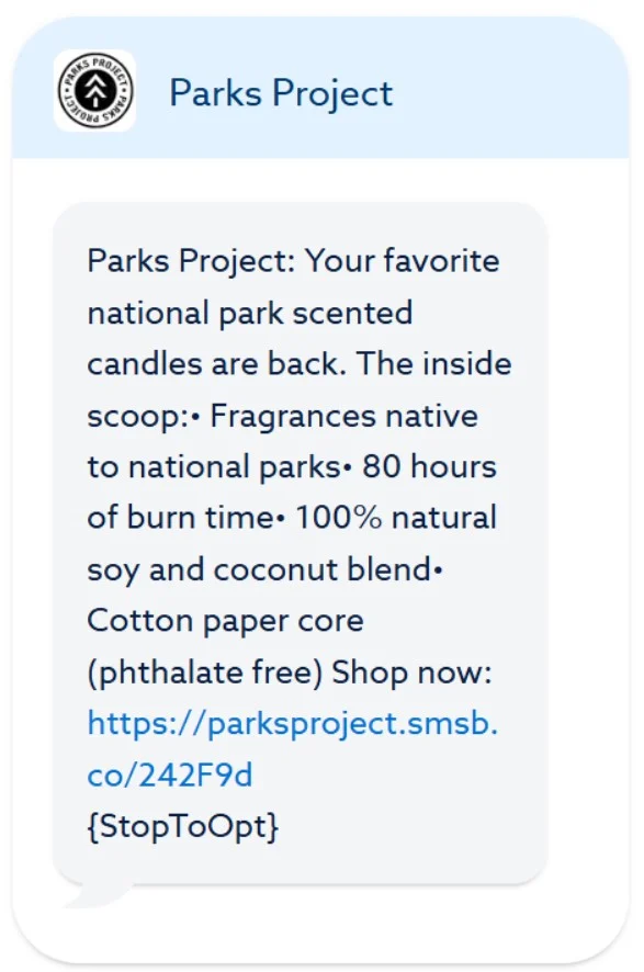 Text message from Parks Project advertises national park scented candles, burn time, ingredients, and includes shop link.