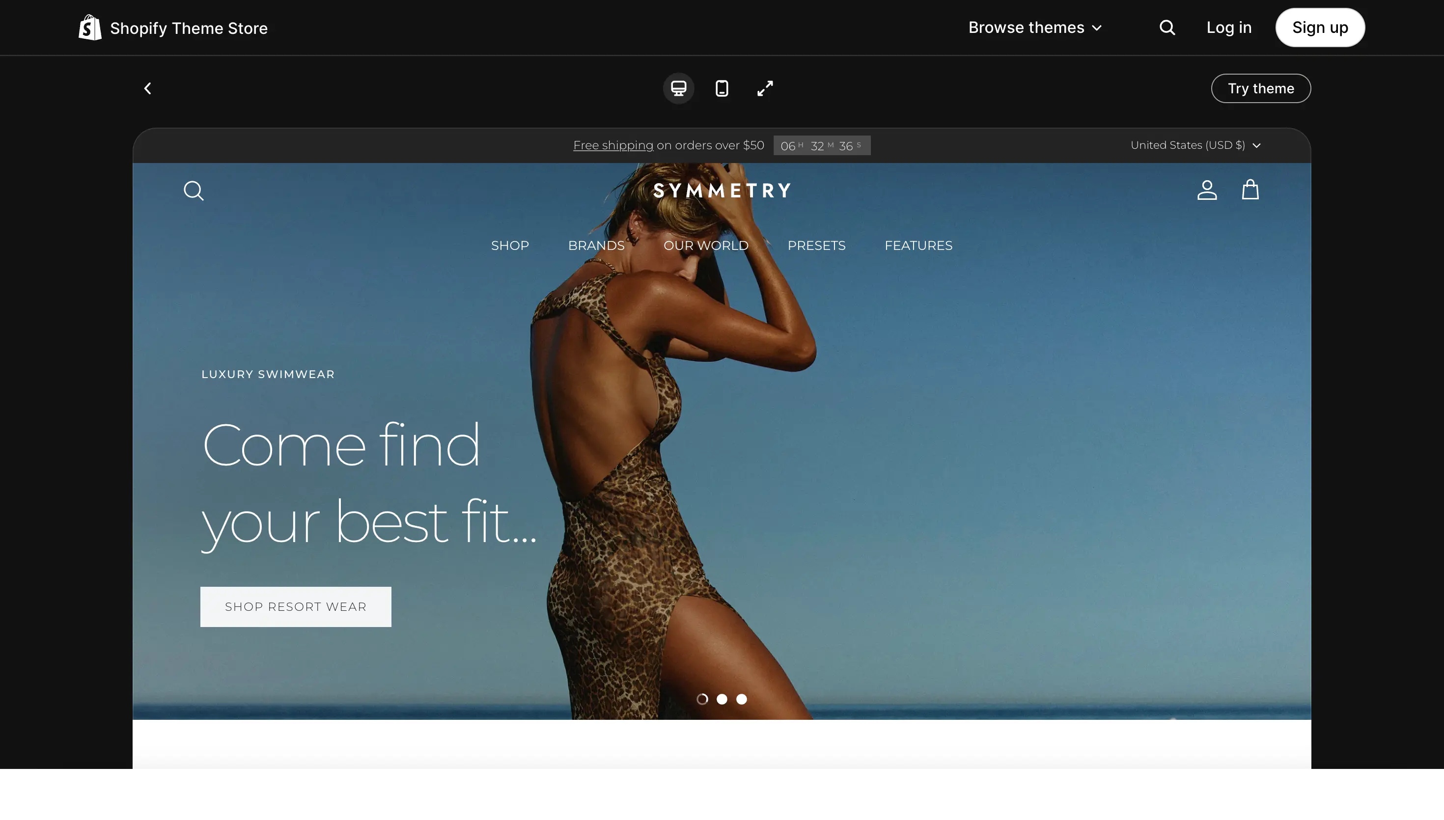 Best Shopify themes: Symmetry. Woman in a leopard print swimsuit stands against a blue sky on a Shopify swimwear store homepage.