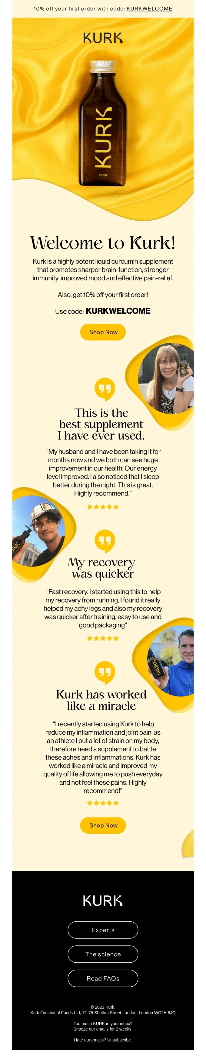 A Kurk beverage bottle with yellow swirl background, followed by testimonials and info about the products benefits.