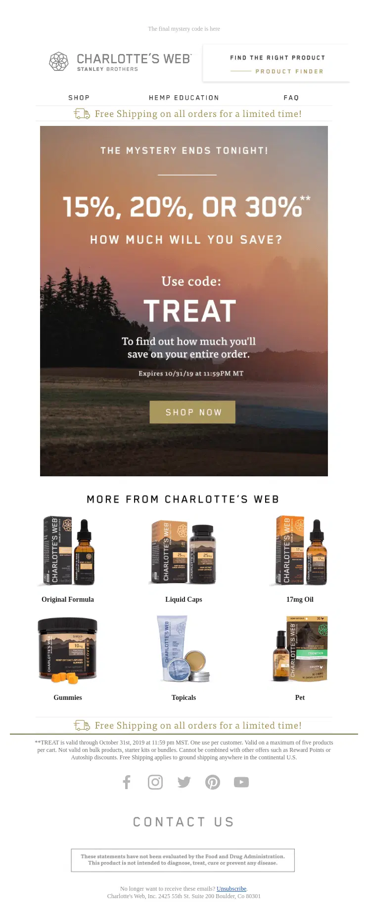 Promotional email offering up to 30% off Charlottes Web products, with free shipping and images of items.
