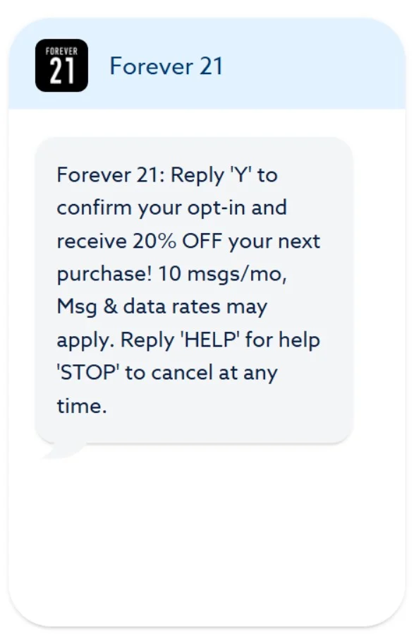 Text message from Forever 21 offering 20% off for opt-in; instructions to reply Y, HELP, or STOP included.