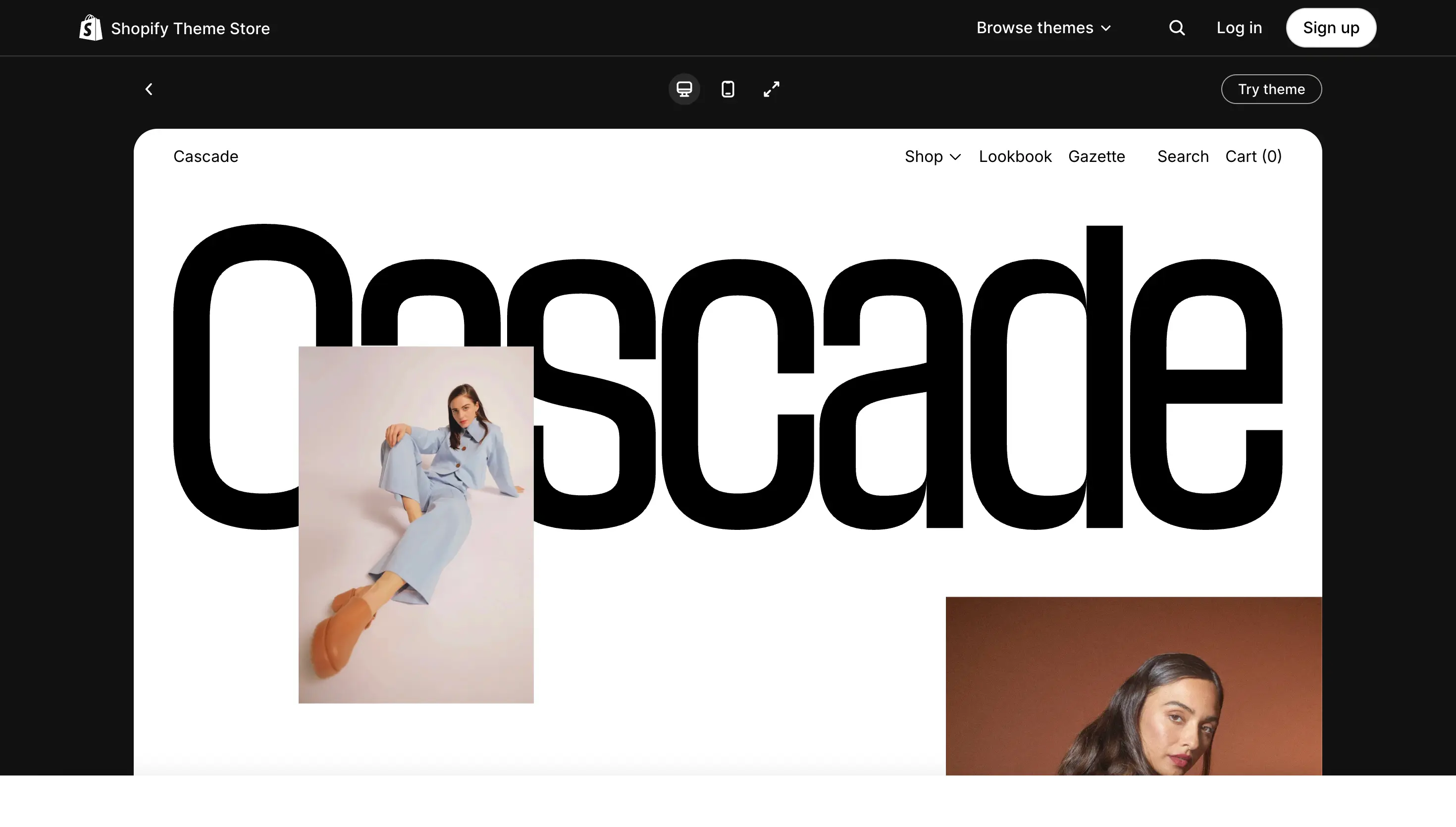 Shopify theme store page featuring the Cascade theme with large text and two images of women in stylish outfits.
