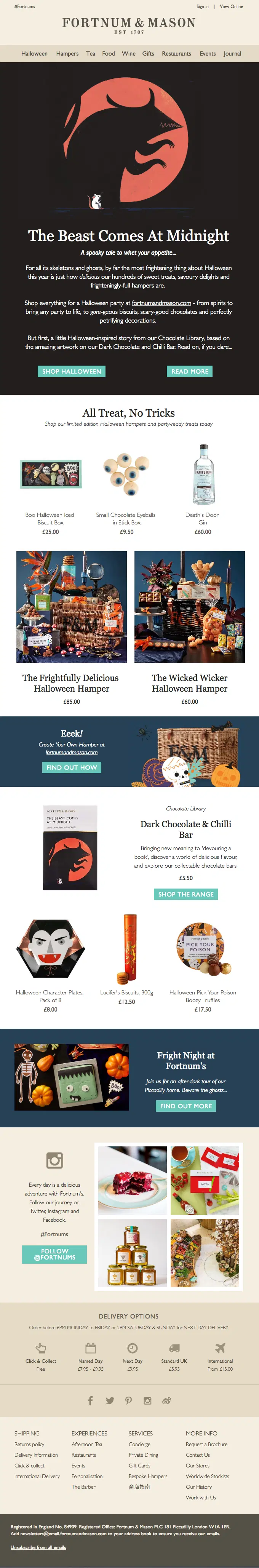 Fortnum & Mason Halloween-themed email featuring treats, drinks, and gifts with product images and brief descriptions.