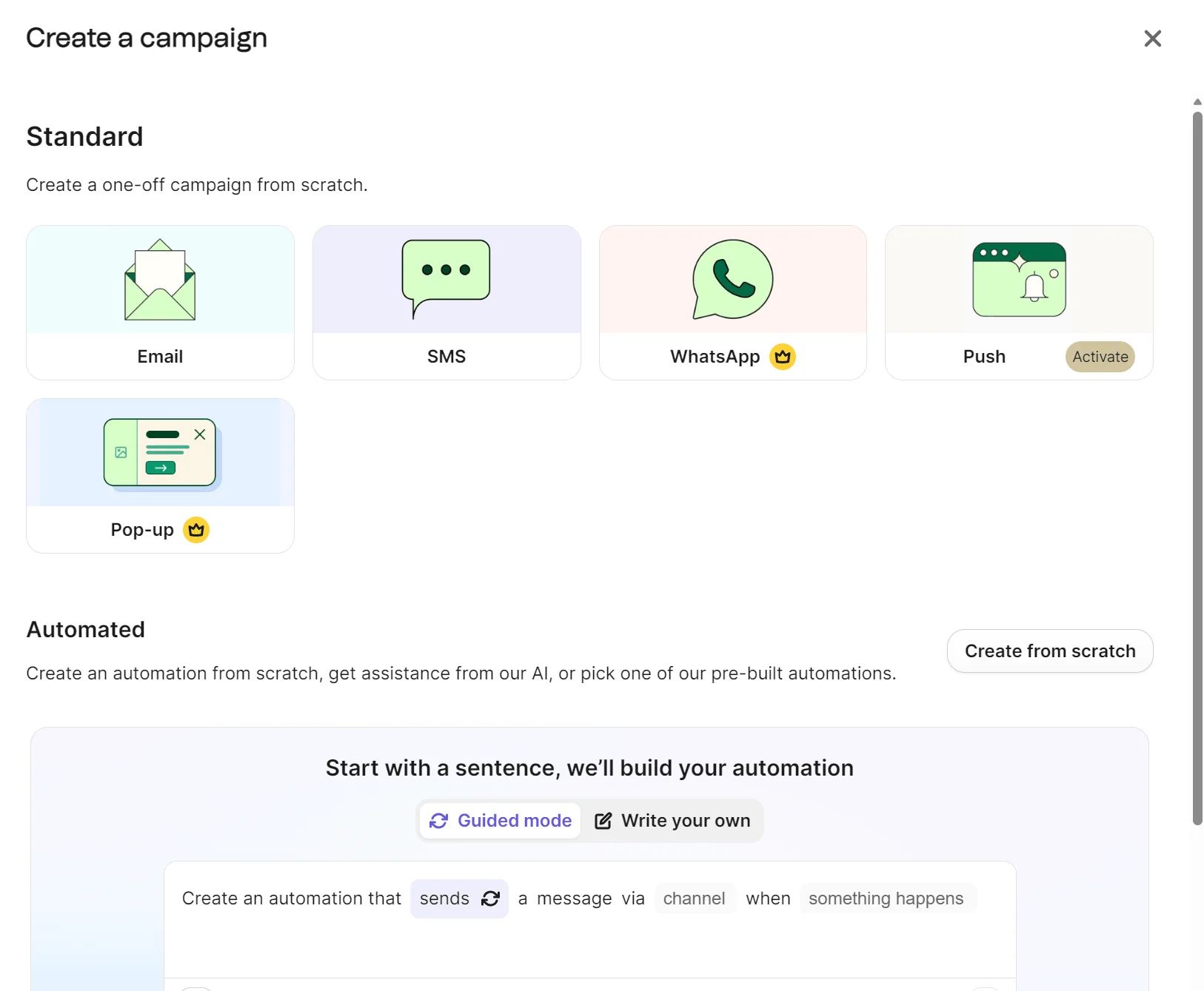 Dashboard showing options to create a campaign via Email, SMS, WhatsApp, Push, or Pop-up, with automation features below.