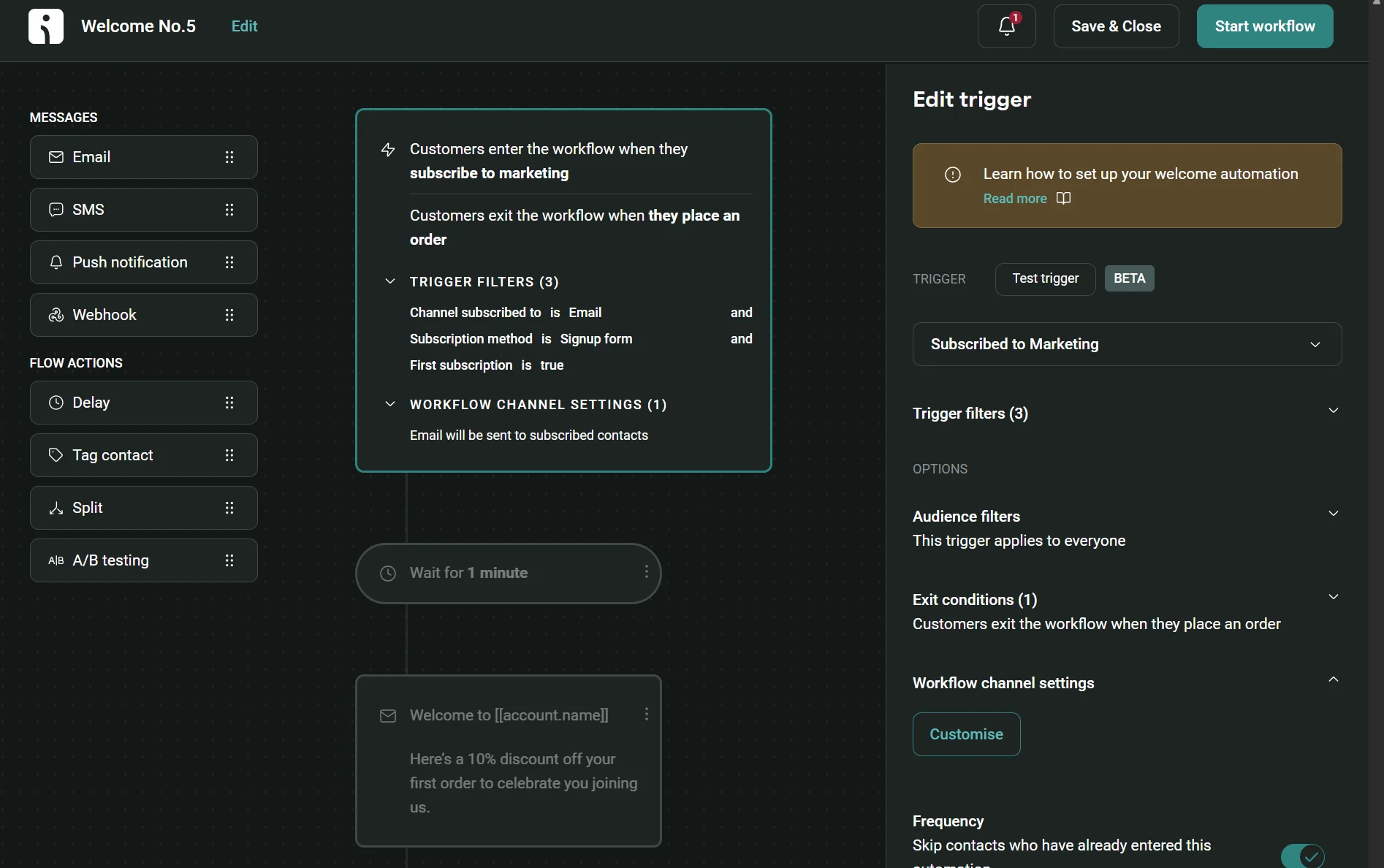 A marketing automation workflow editor with trigger options, conditions, and workflow steps displayed on a dark interface.