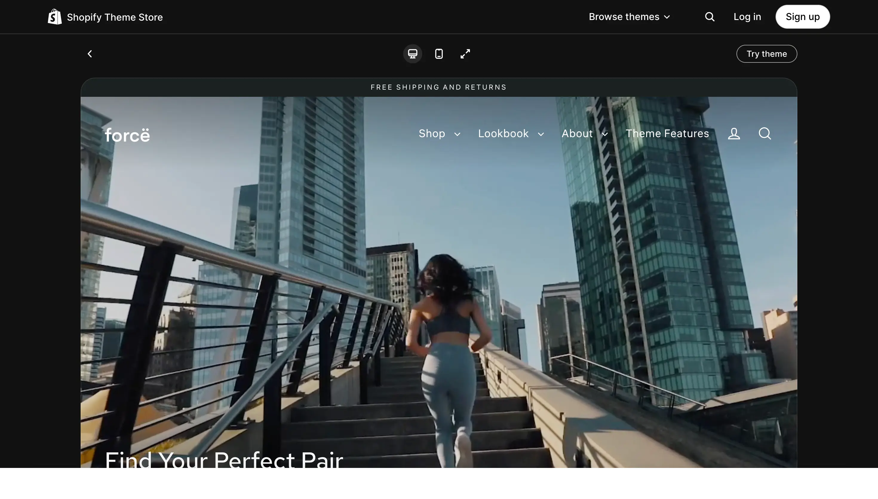 Best Shopify themes: Streamline. Woman in athletic wear runs up outdoor stairs surrounded by modern high-rise buildings in a cityscape.