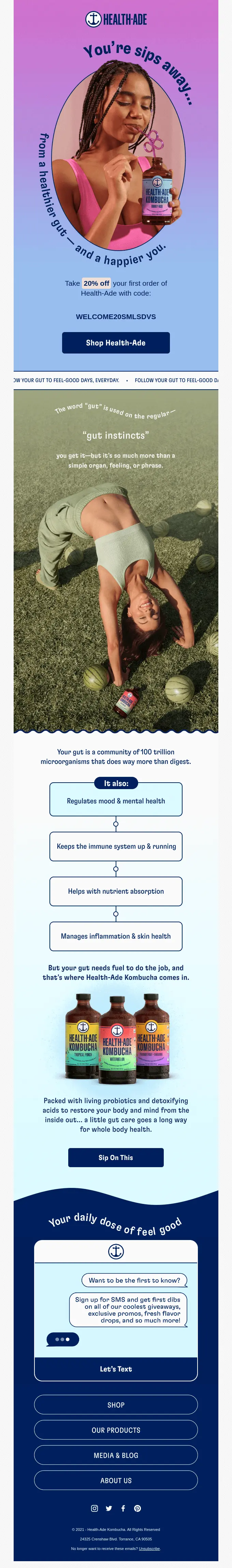 Woman smiling and holding Health-Ade drink; below, woman does yoga pose outdoors on grass with product images and text.