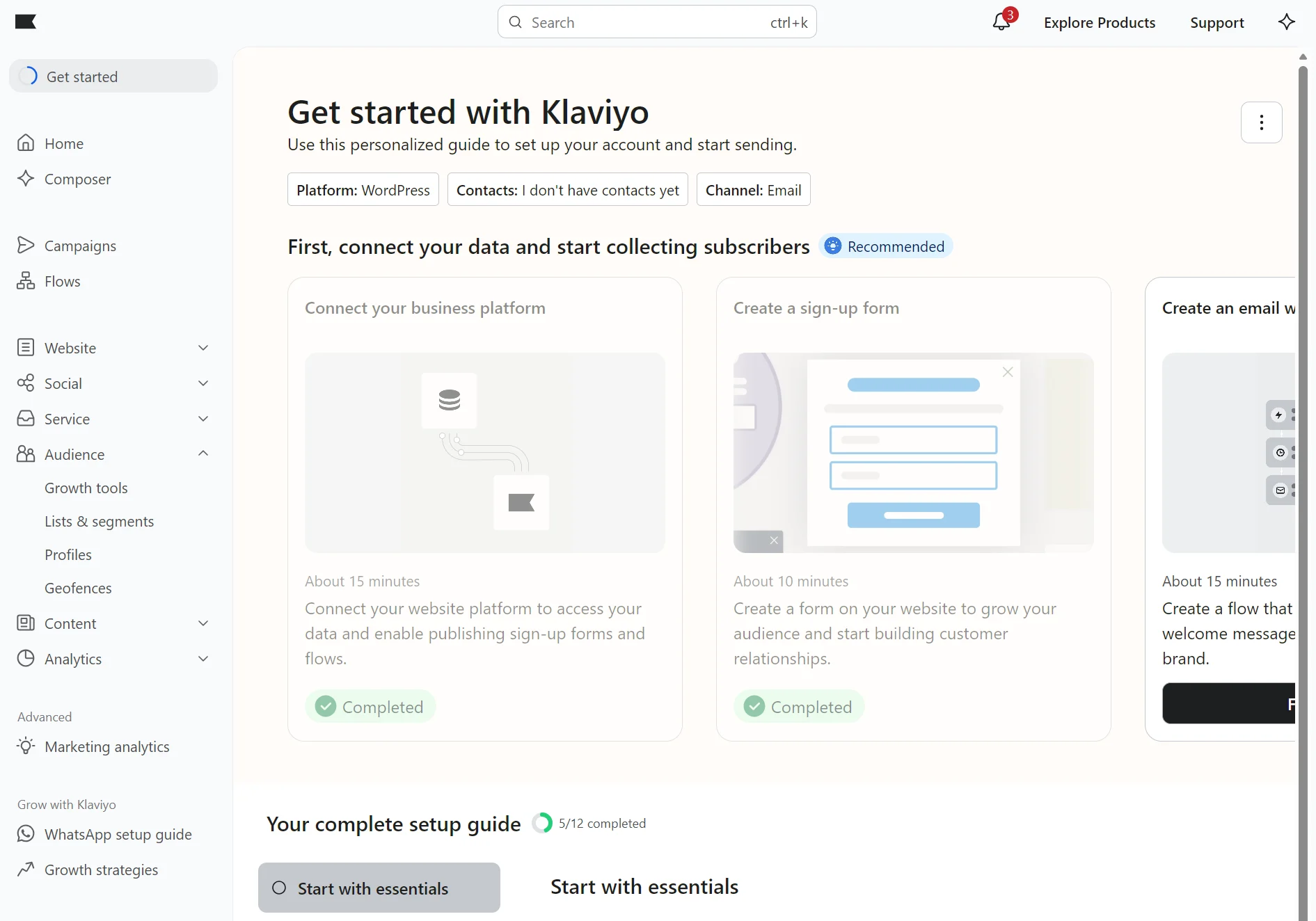 Klaviyo setup screen showing steps to connect data, create sign-up forms, and track setup progress with completion status.