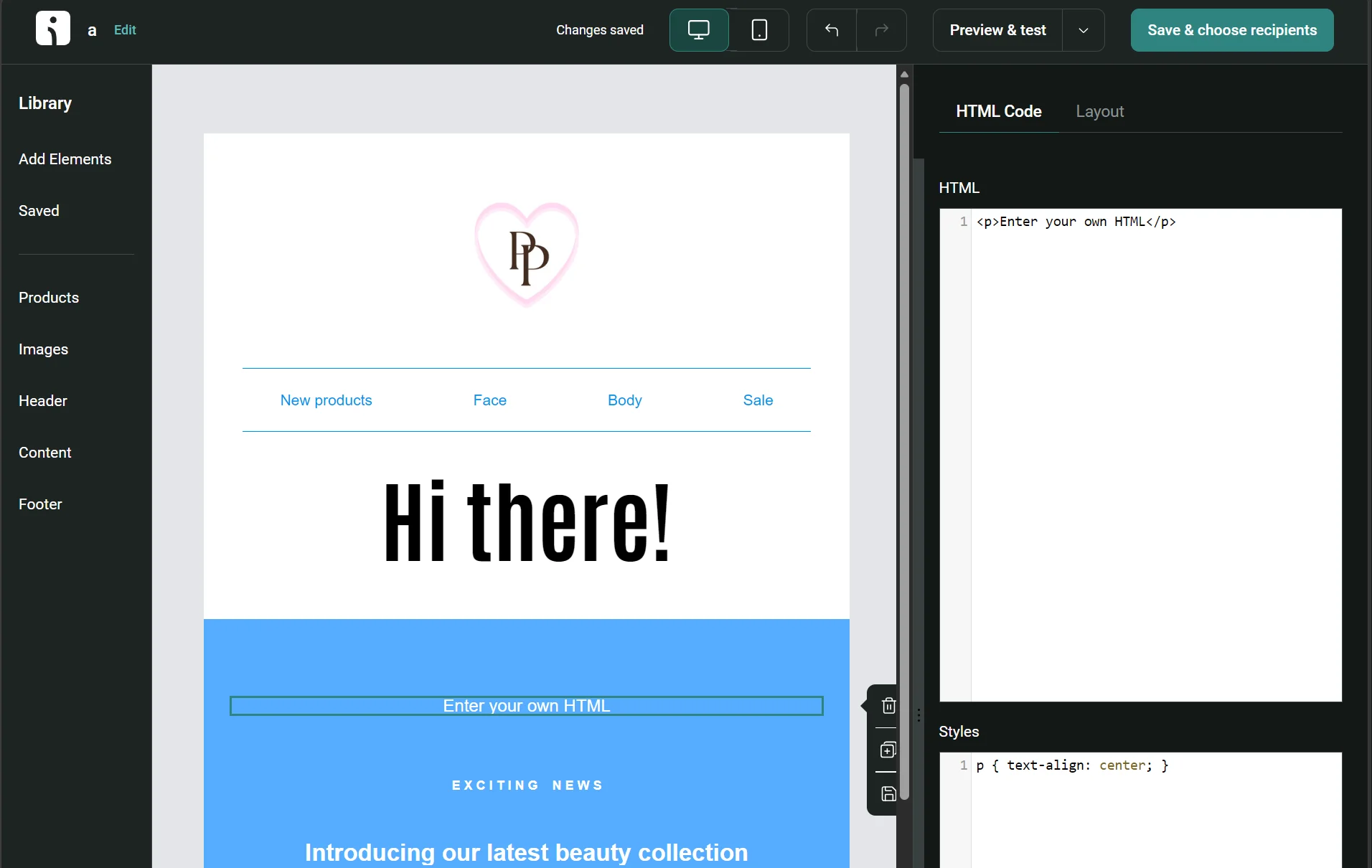 Email template editor with a beauty brand email draft; text input and HTML code sections are visible on the screen.
