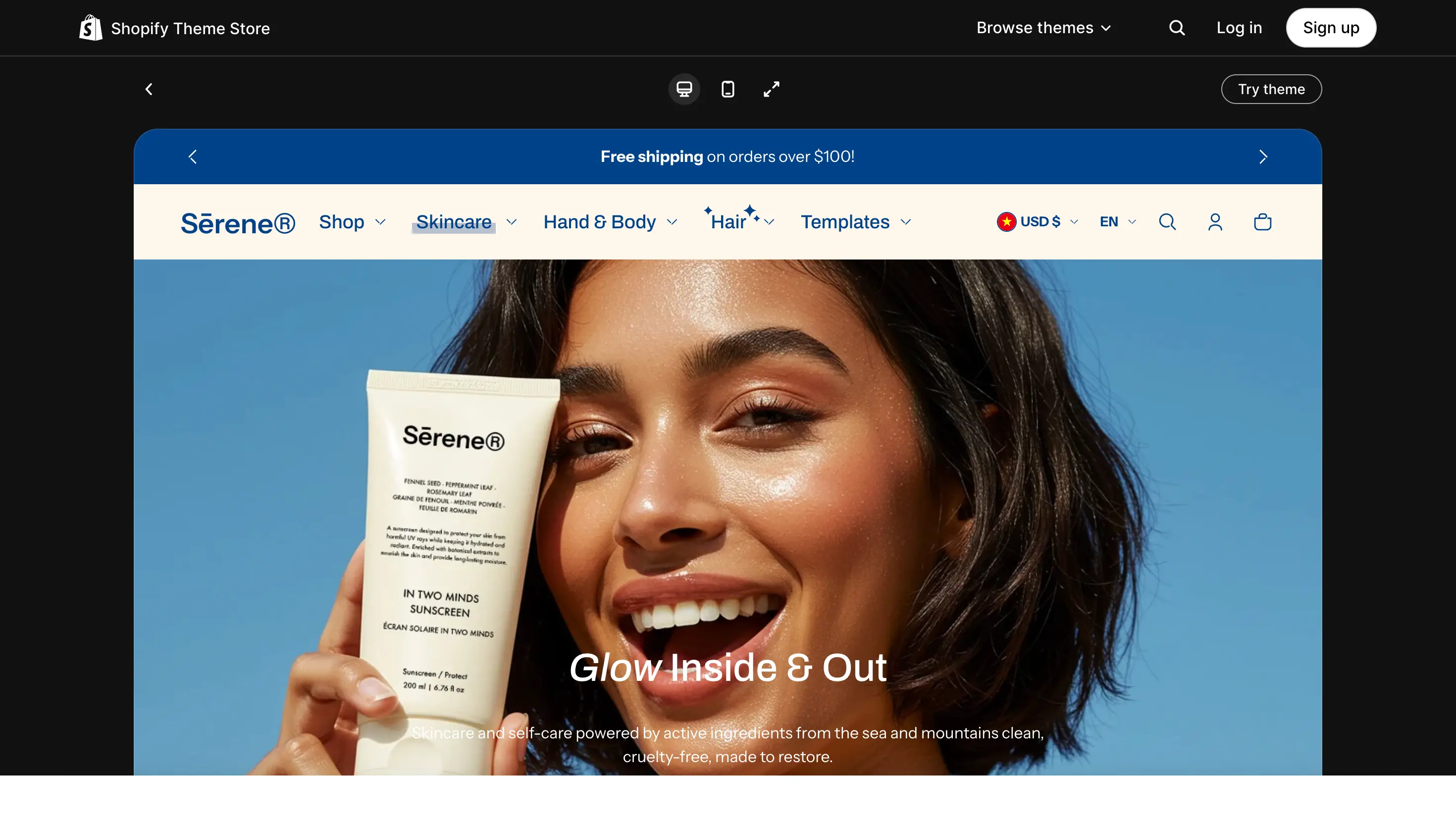 Shine theme preview. Image via Shopify Theme Store. Woman smiling and holding a tube of Sērene® sunscreen against her face with website navigation menu visible above.