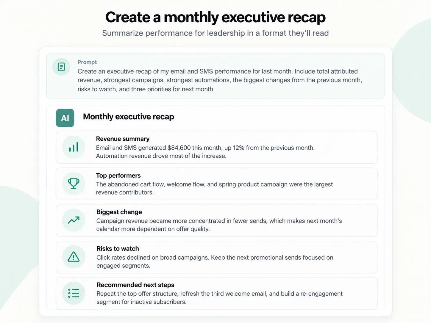 A dashboard shows a monthly executive recap with revenue, top performers, big changes, risks, and next steps.