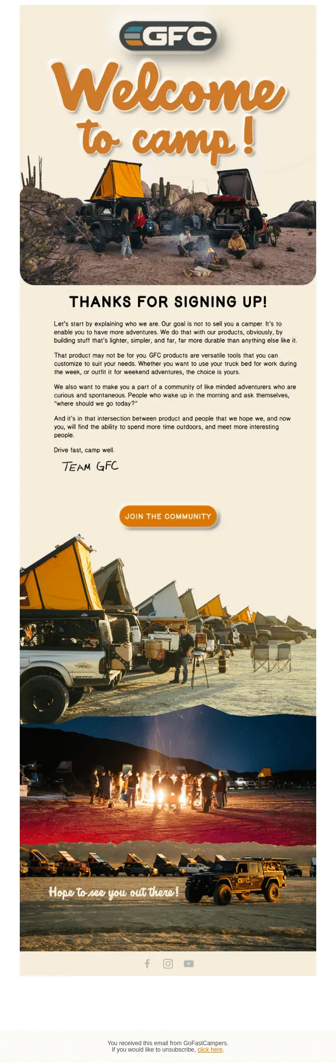 A welcome email from GFC featuring rooftop tents, off-road vehicles, and desert camping scenes.