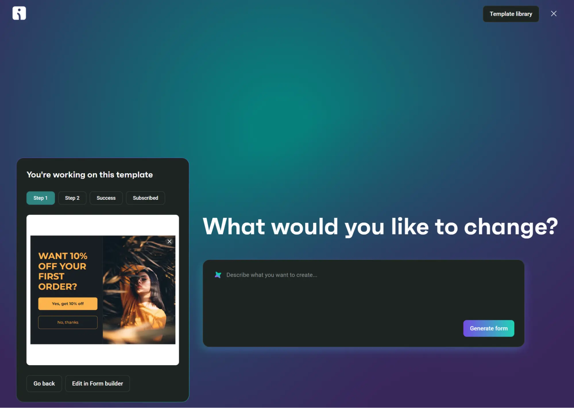 A form builder interface with a preview of a discount offer and options to edit or generate a form on a gradient background.