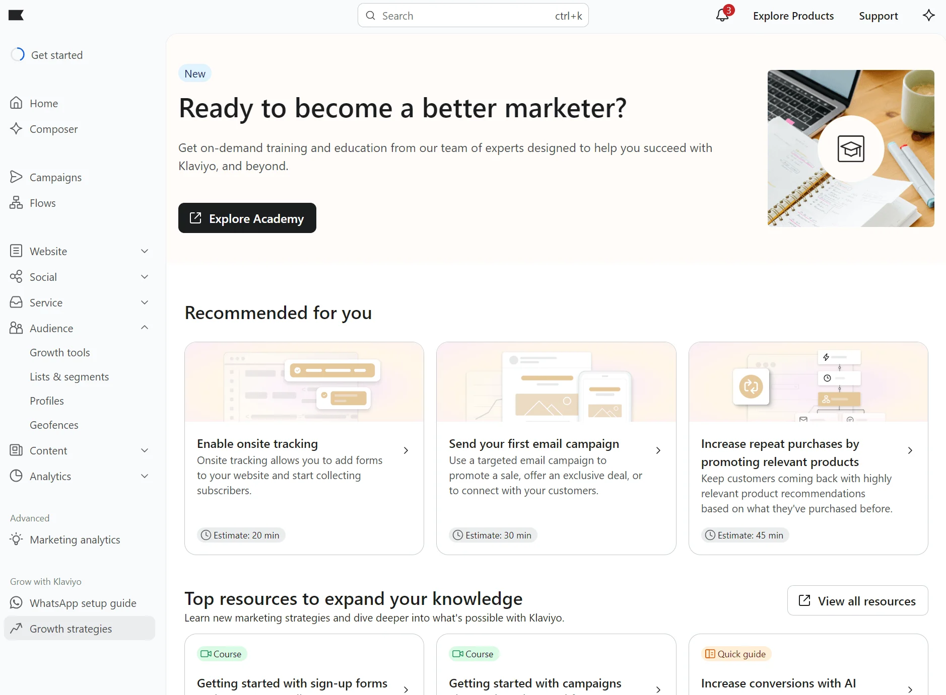 Klaviyo Academy dashboard with recommended courses and resources for email marketing and online tracking.