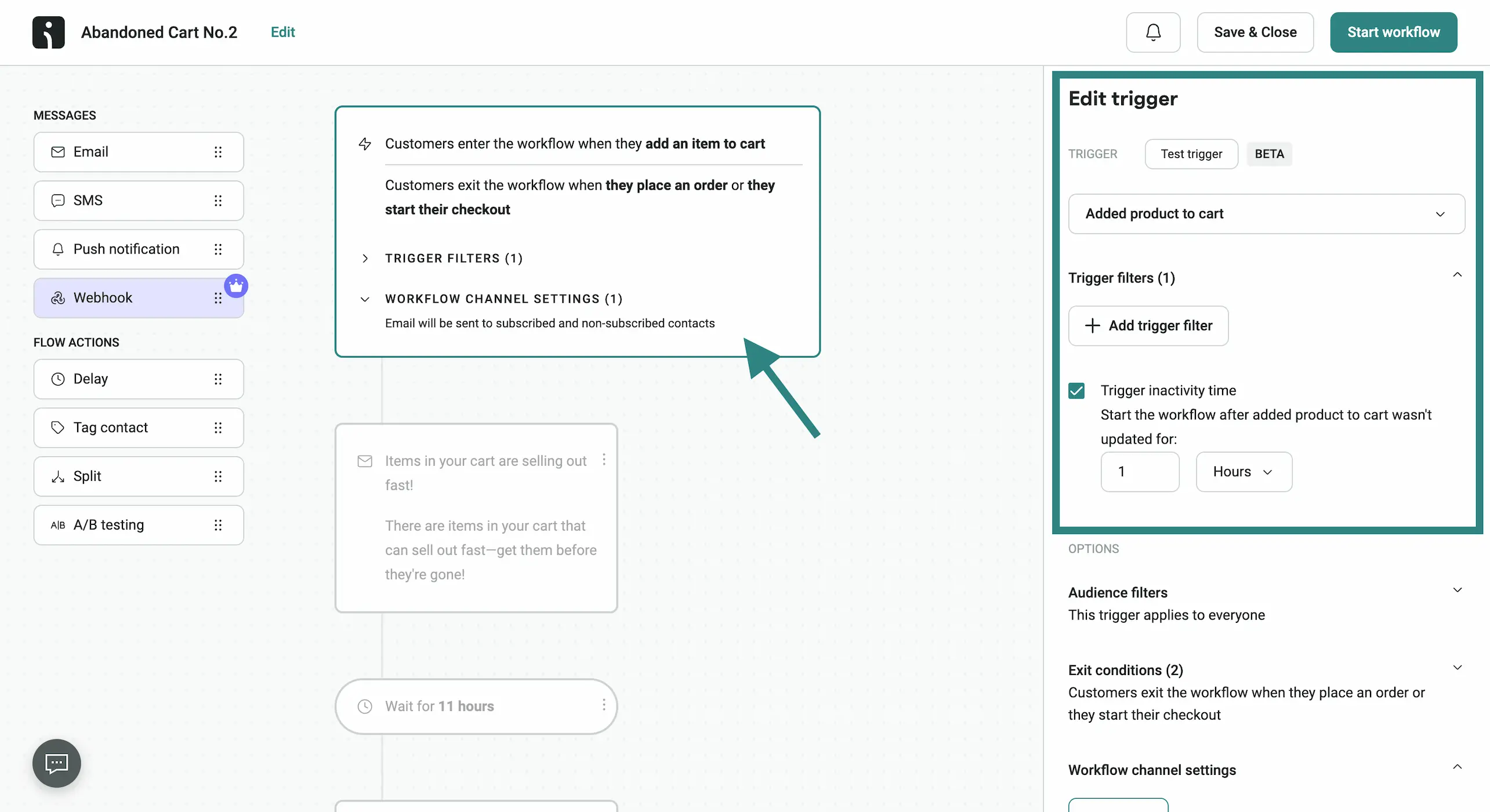 Omnisend's automation builder showing trigger settings for an abandoned cart workflow.