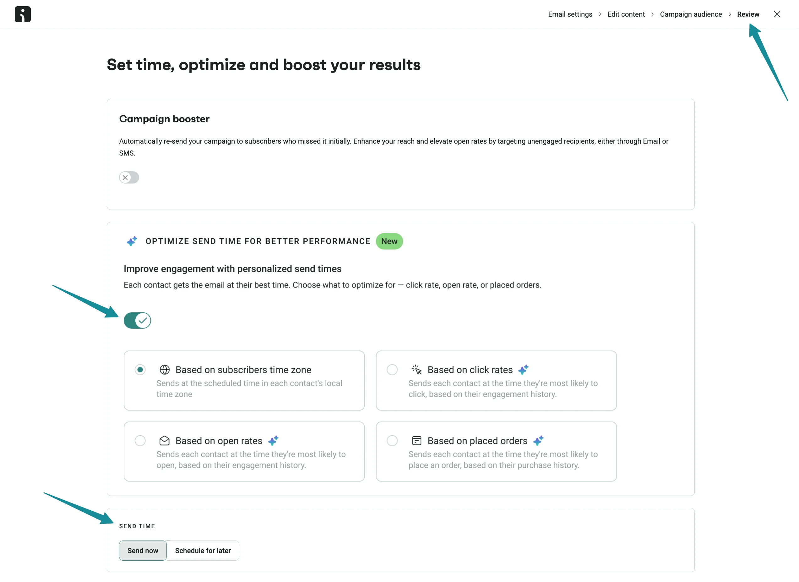 Email campaign settings page showing options to optimize message send time based on user data and performance metrics.