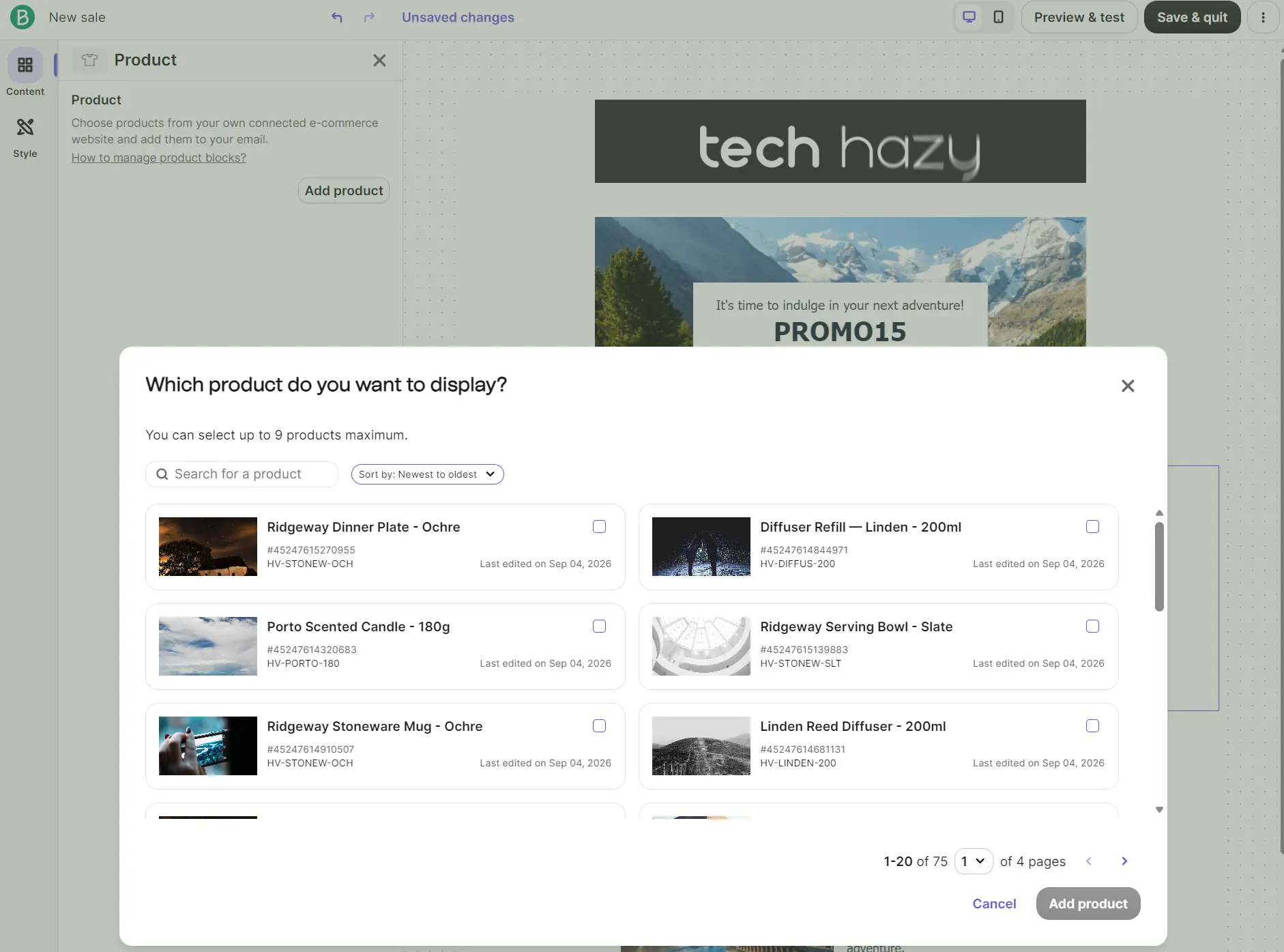 A product selection window displays various Ridgway and Diffuser items in an online store interface.
