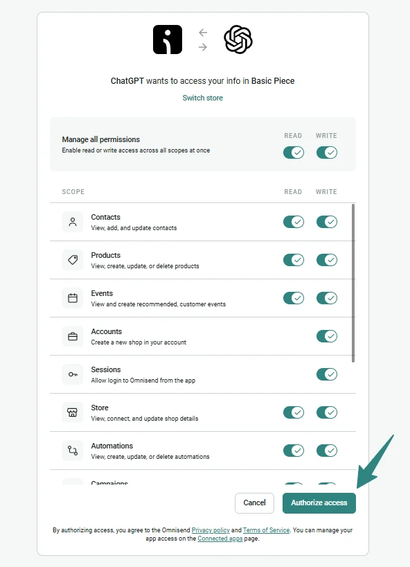 A permissions screen showing various toggles for authorizing app access, with an arrow pointing to Authorize access button.