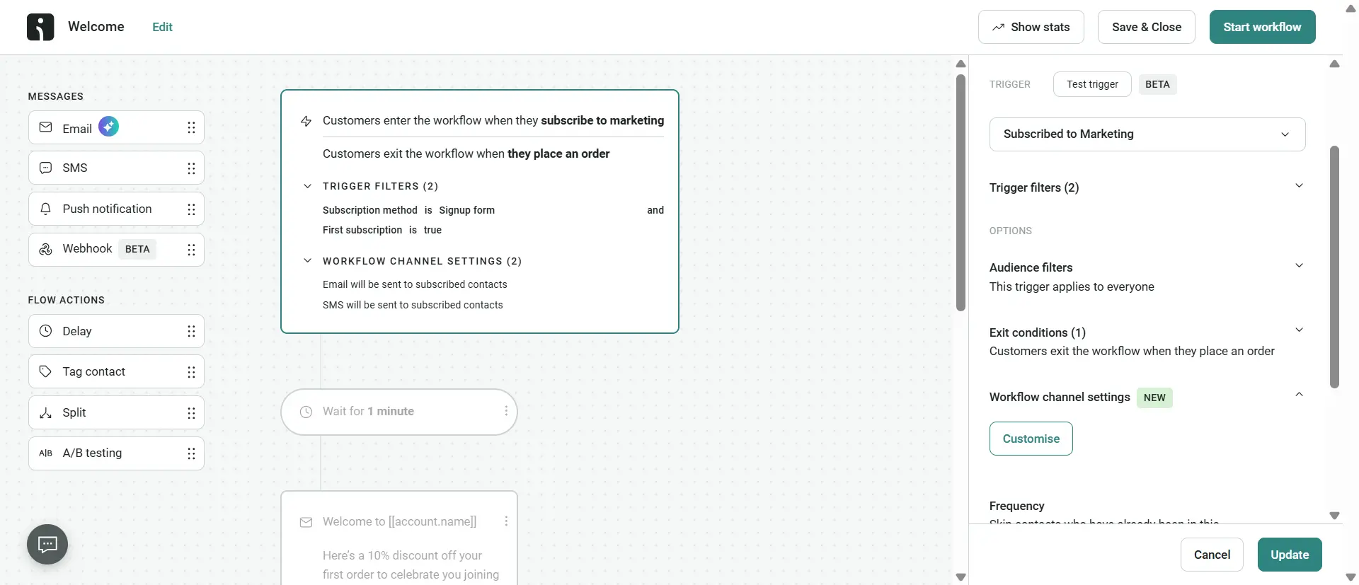 A workflow automation dashboard showing trigger filters and options for customer email and SMS actions.